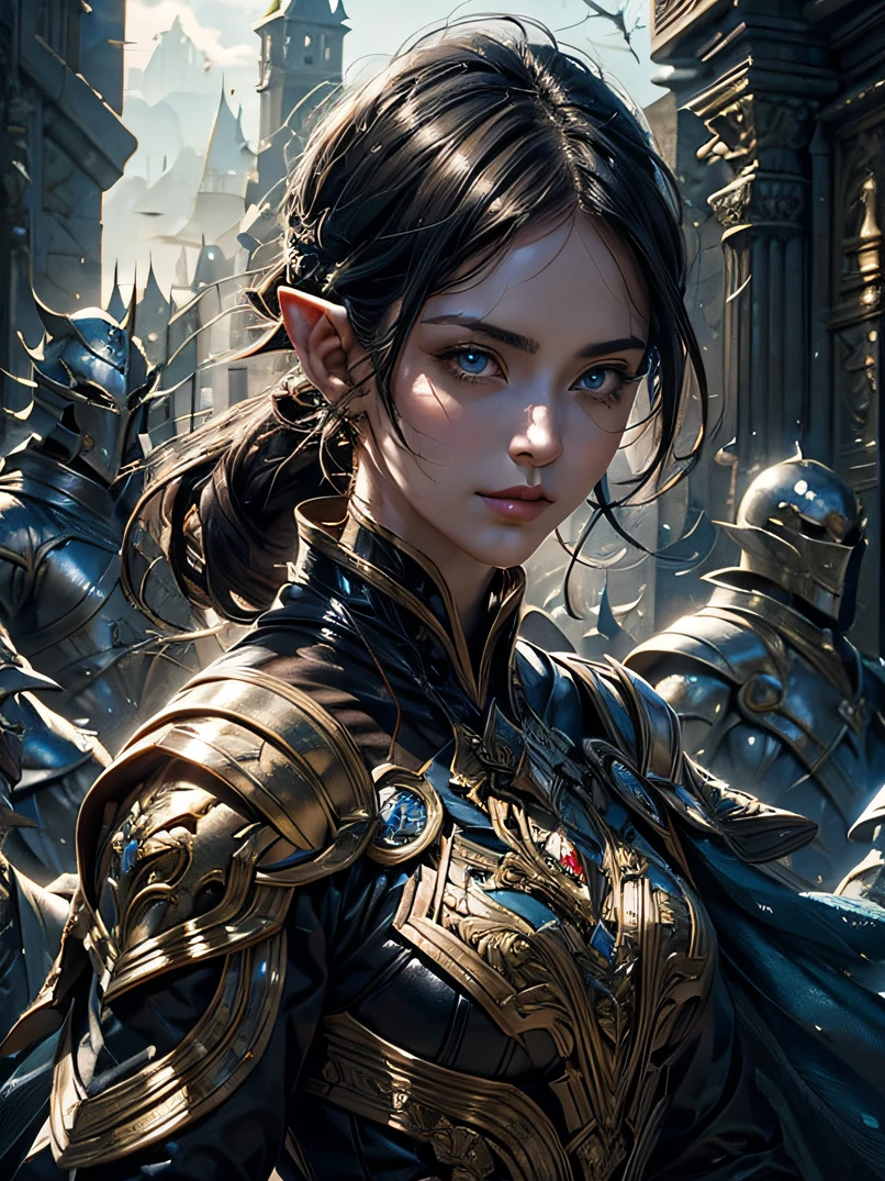 ((top-quality、Ultra-detailed、Cinematic lighting、Unique lighting effects、face lights、FULL BODYSHOT、battle posture、dynamic motion))、Beautiful 30 year old female elf portrait environment with intricate details、Elegant person、Graceful aura、Elaborate patterns that blend fantasy and modernity、Black cloak of flowing fabric、Richly textured black leather armor and leggings、Black knight armor with delicate carving、Knight's helmet、Swinging a sword、Multiple enemy soldiers approaching from behind、Burning cityscape and medieval castle、Mystical atmosphere filled with magical elements、Dynamic lighting with vibrant colors、Detailed background depiction、Deep sense of depth、Depth and mood、Slender figure、A dark-haired、Hairstyle Ponytail、Seductive blue eyes、Sharp eyes、hyperdetailed face、Detailed eyes、Detailed hand depiction、Detailed foot depiction