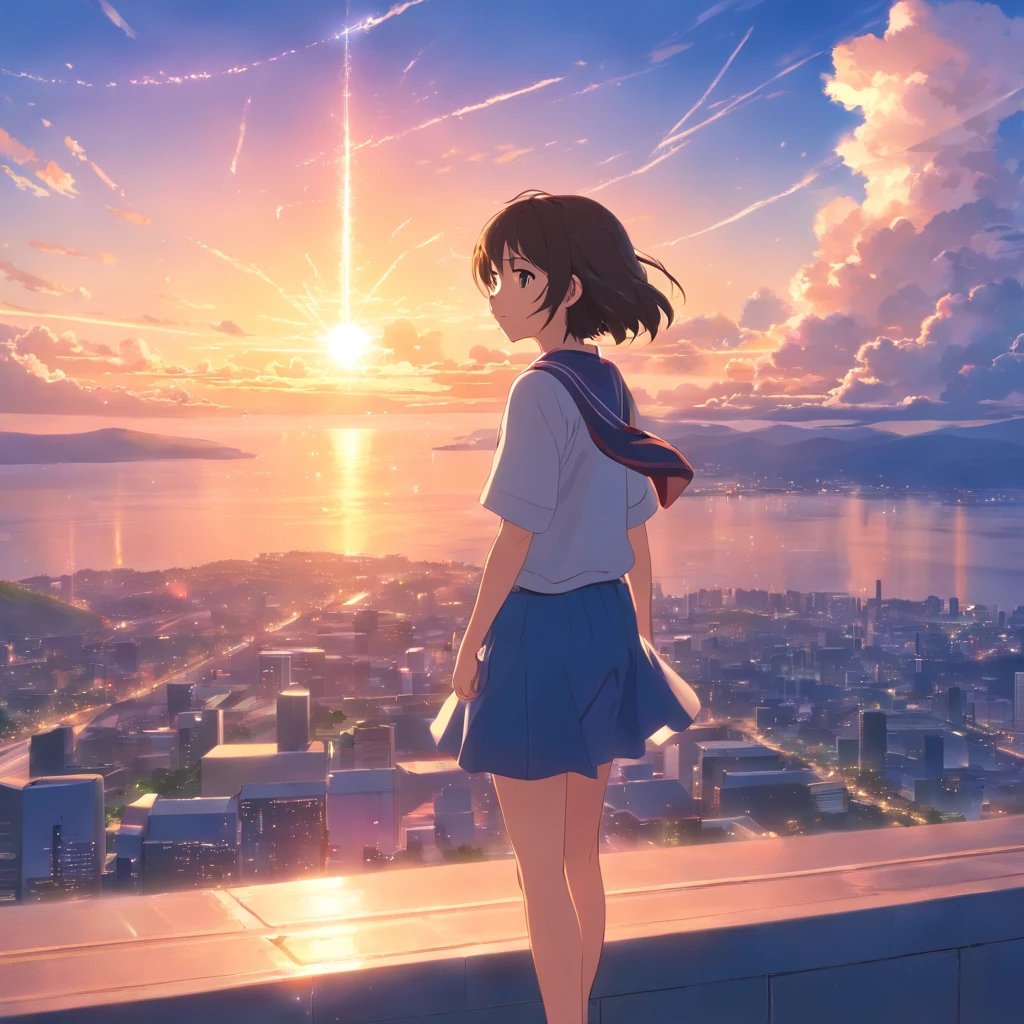 masterpiece, top-quality, film still, 1st high school girl, Cloud Girl, floating in sky, close-up, 发光, glad, Soft and warm lighting, Solar sunset, (sparks: 0,7),cat ear