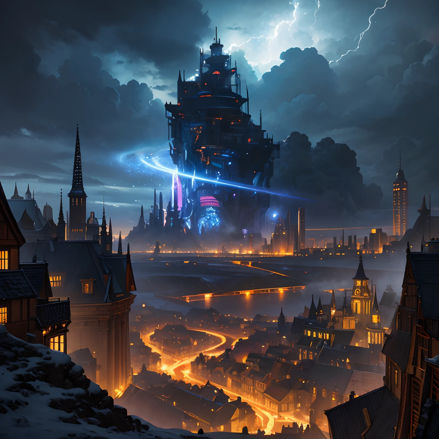 Landscape painting, An ultra-high picture quality, Super Detail, 超A high resolution, Northern Renaissance style, cyberpunked, Midnight City, Galaxy, planet, thunder, thunderstorm, Professional Lighting