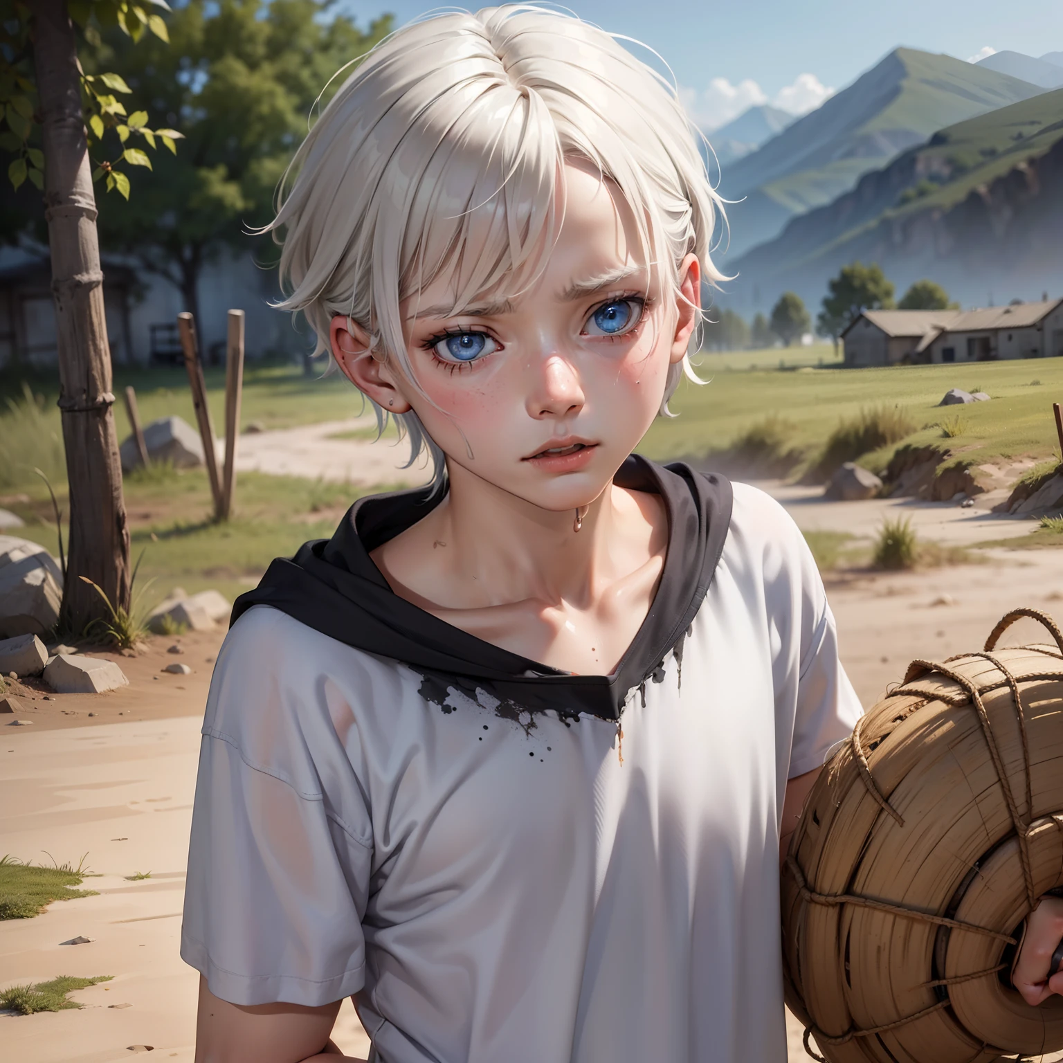 young boy with messy, short, white hair that sticks out in disarray, showcasing the wear and tear of his experiences. His piercing blue eyes reflect a mix of determination and hardship. He appears slavering and dirty, with smudges and dirt streaks on his skin and clothes, indicative of a challenging journey. He is dressed in tattered straw clothes, worn from the trials he has faced. Despite his disheveled appearance, there is an undeniable strength in his gaze and a sense of resilience in his expression. The art style should convey a poignant story of survival and determination, inviting viewers to connect with the character's struggles and determination.