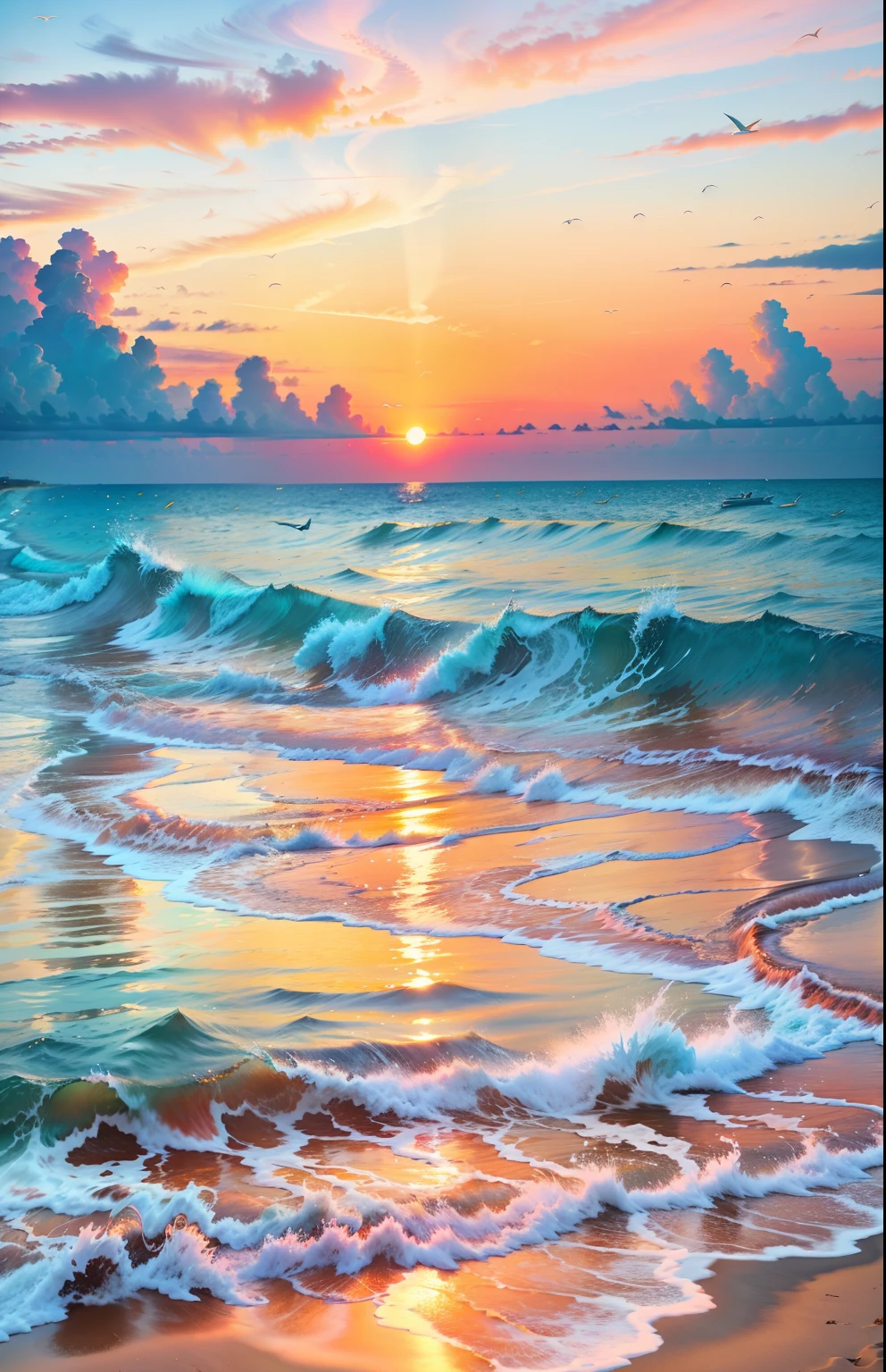 Absolutely mesmerizing sunset on the beach with a mix of oranges, pinks and yellows in the sky. The water is crystal clear, gently kissing the shore, and the white sand is endless. The scenes are action-packed and breathtaking, with seagulls soaring high in the sky and palm trees swaying gently. Immerse yourself in the calm atmosphere and let the serenity surround you.