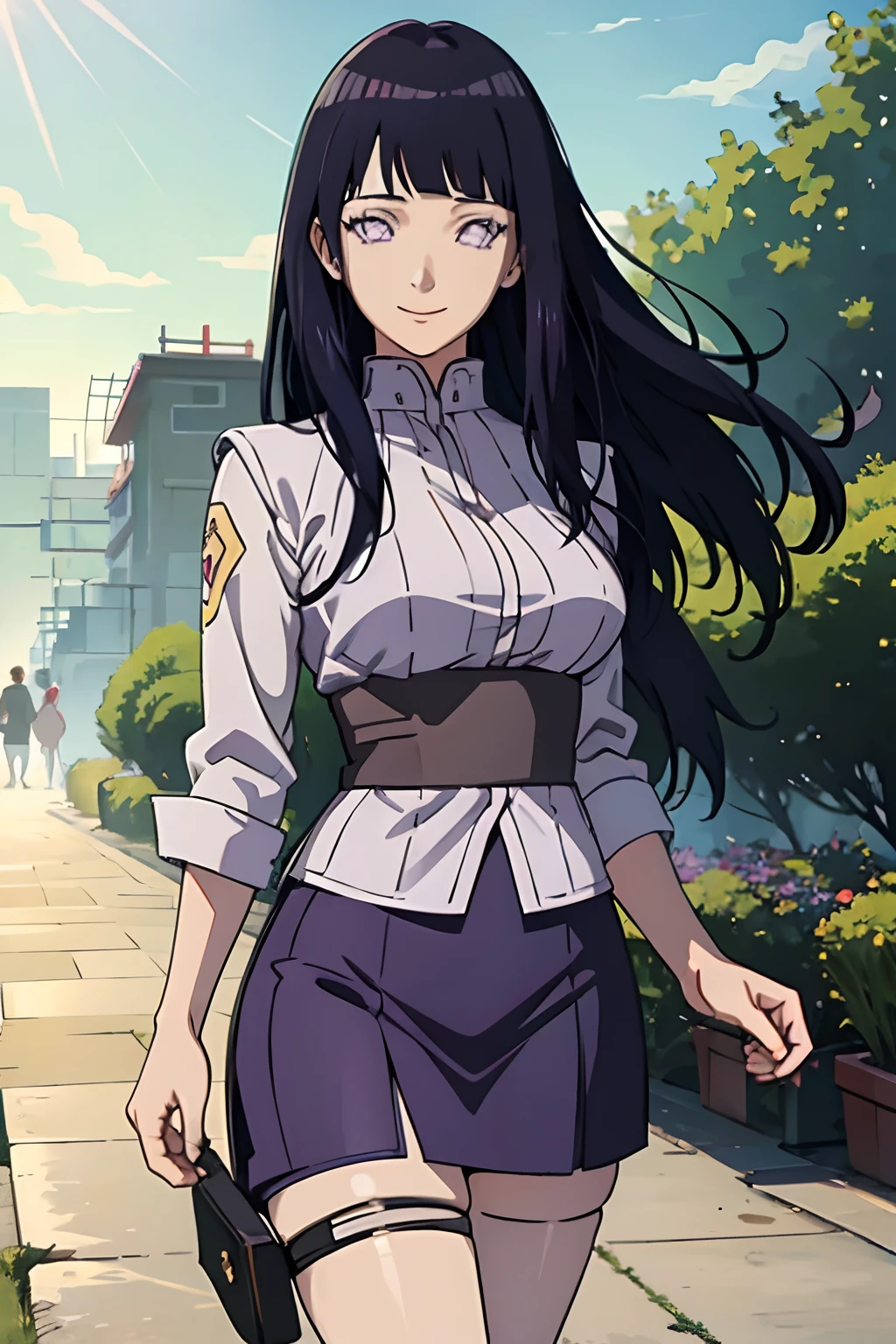 (((Masterpiece))), hyuga hyuga, 1girll, Solo, Long hair, view the viewer, Smile, Large breasts, Black hair,White shirt，Superskirt， Purple eyes, Blunt bangs, White eyes, No Pupil,clothes tug,Wind,, Masterpiece, Best quality, Highly detailed