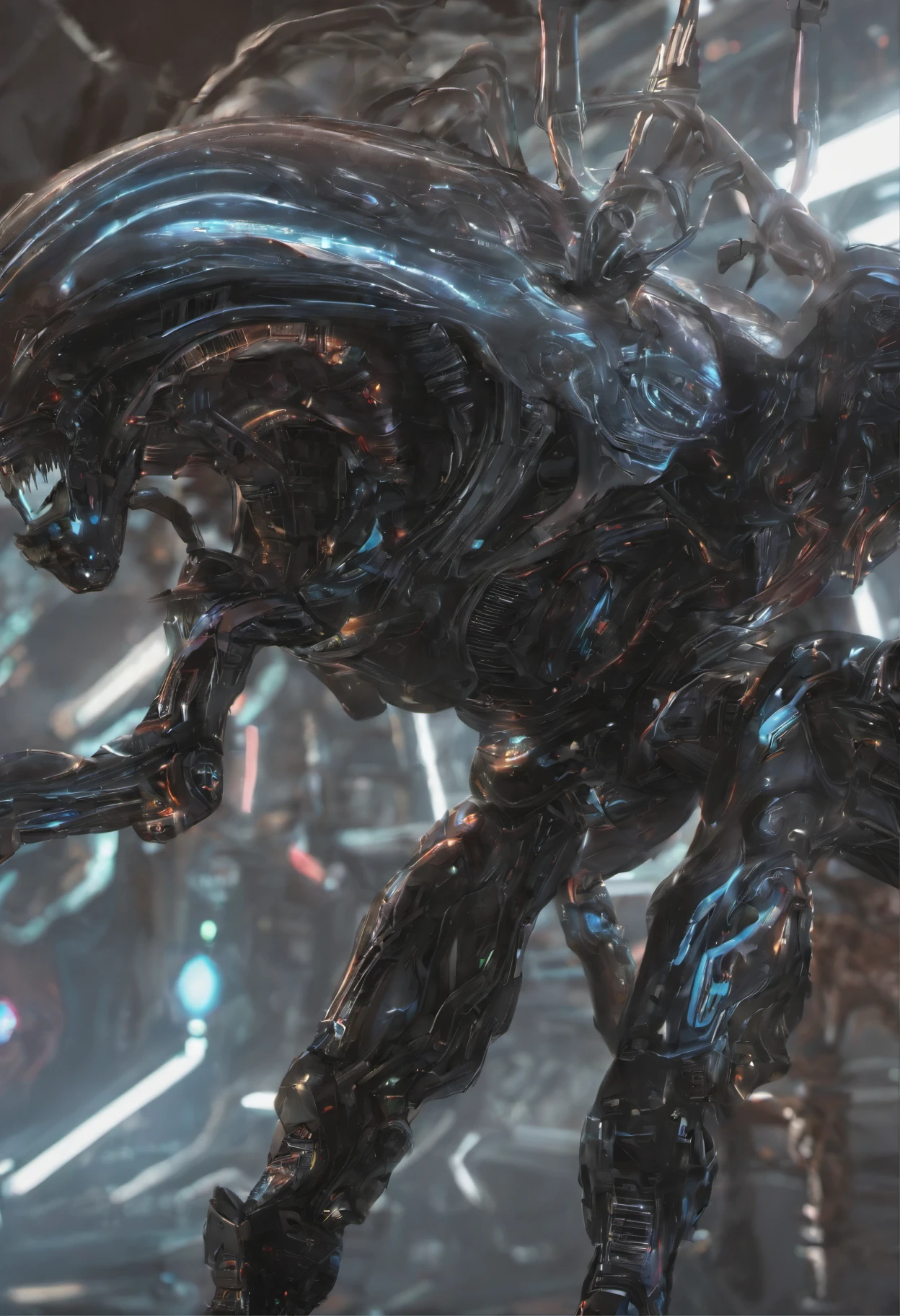 Translucent ethereal aliens,A mech coated with a ceramic glazed luster,Hard surface properties,streamlined line design,It has refined features in a sci-fi environment, glowing from within, Sparks and lights, Close-up, Realistic, Highly detailed, iintricate