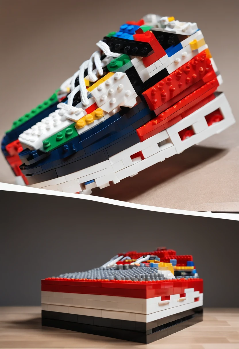 The 3D Lego model of a Nike Air Max is a precision-crafted replica made entirely from Lego bricks. It intricately captures the signature design elements, including the unique paneling, vibrant color palette, and iconic Nike Swoosh logo. This creative amalgamation of Lego artistry and sneaker culture results in a captivating representation, skillfully constructed using only Lego bricks.