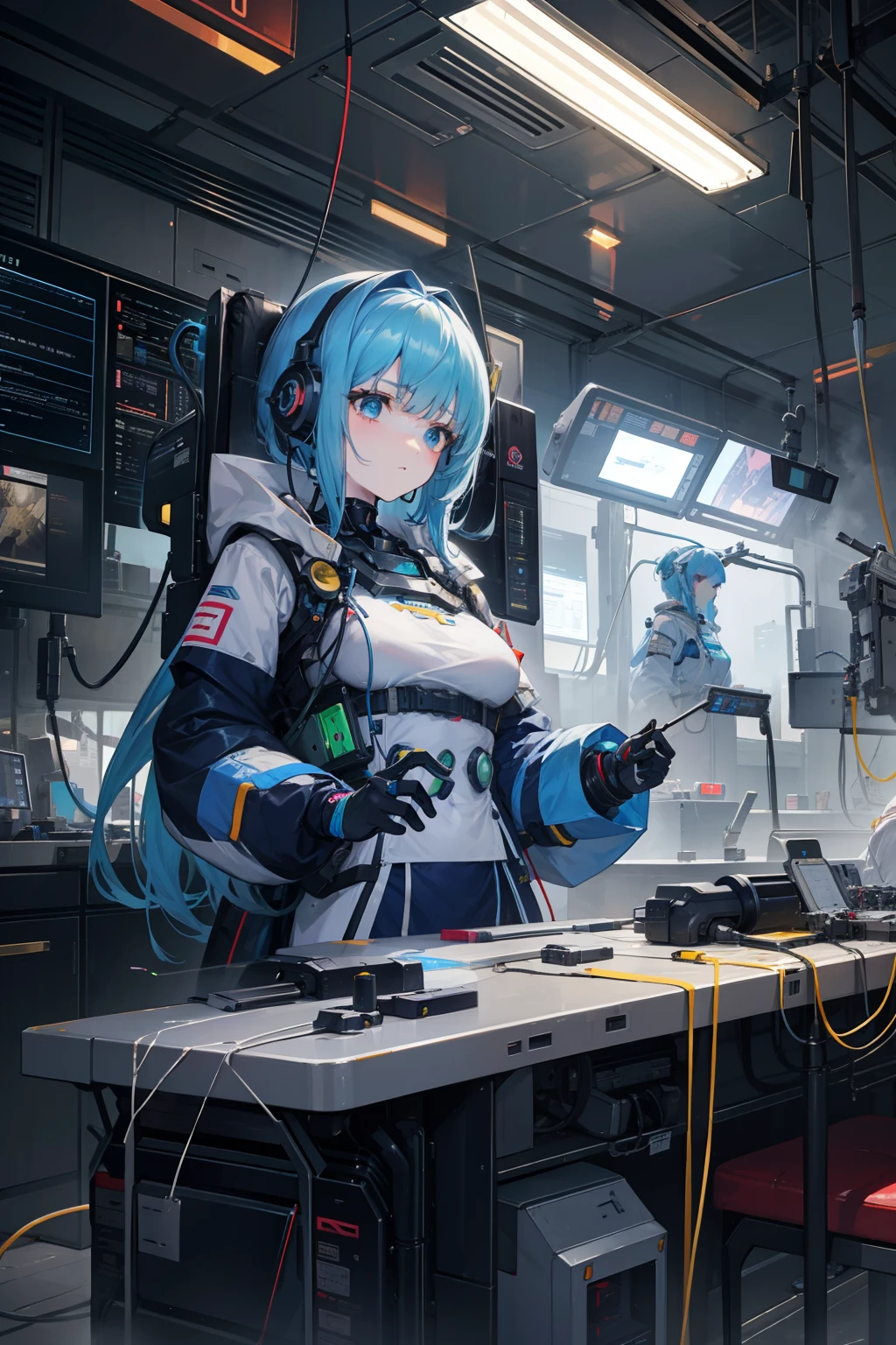 Girls wrapped in mecha，Crippled body，on an operating table，cold light，liquids，injection，line，circuit boards，intricately details. 8K, All details are meticulously carried out throughout the body， surrealism,
