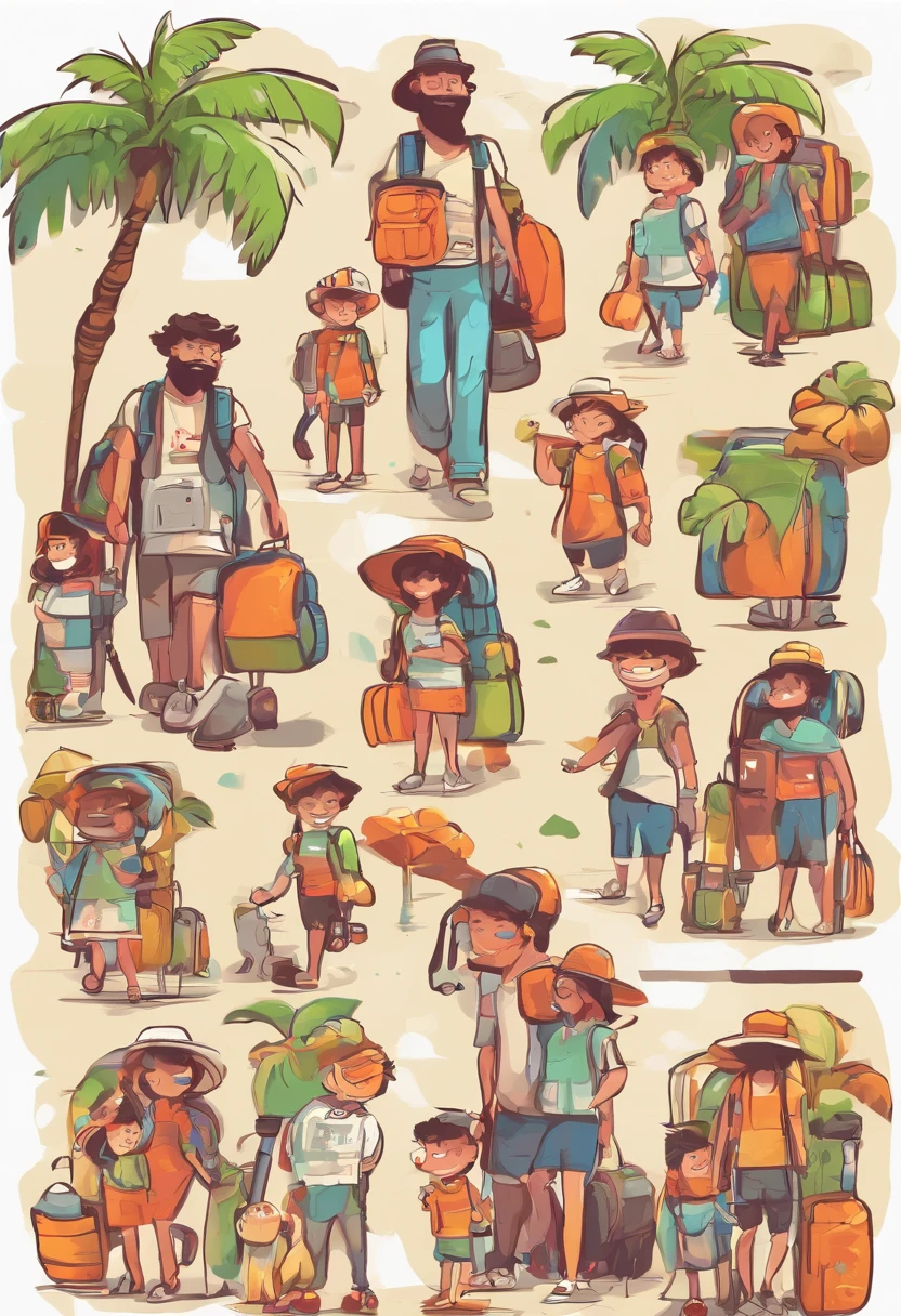a family in cartoon style carrying backpacks on a vacation with happy smiles, palm trees, front view, all white background, streetwear design, pro vector, all cut sticker, full design, 8 colors only, solid colors, no shadows, full design, warm colors, sticker, bright colors