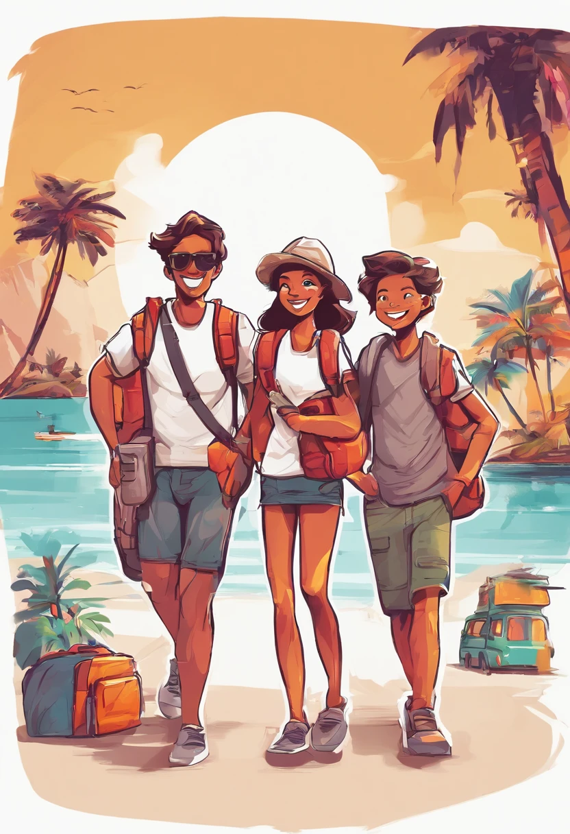 a family in cartoon style carrying backpacks on a vacation with happy smiles, palm trees, front view, all white background, streetwear design, pro vector, all cut sticker, full design, 8 colors only, solid colors, no shadows, full design, warm colors, sticker, bright colors