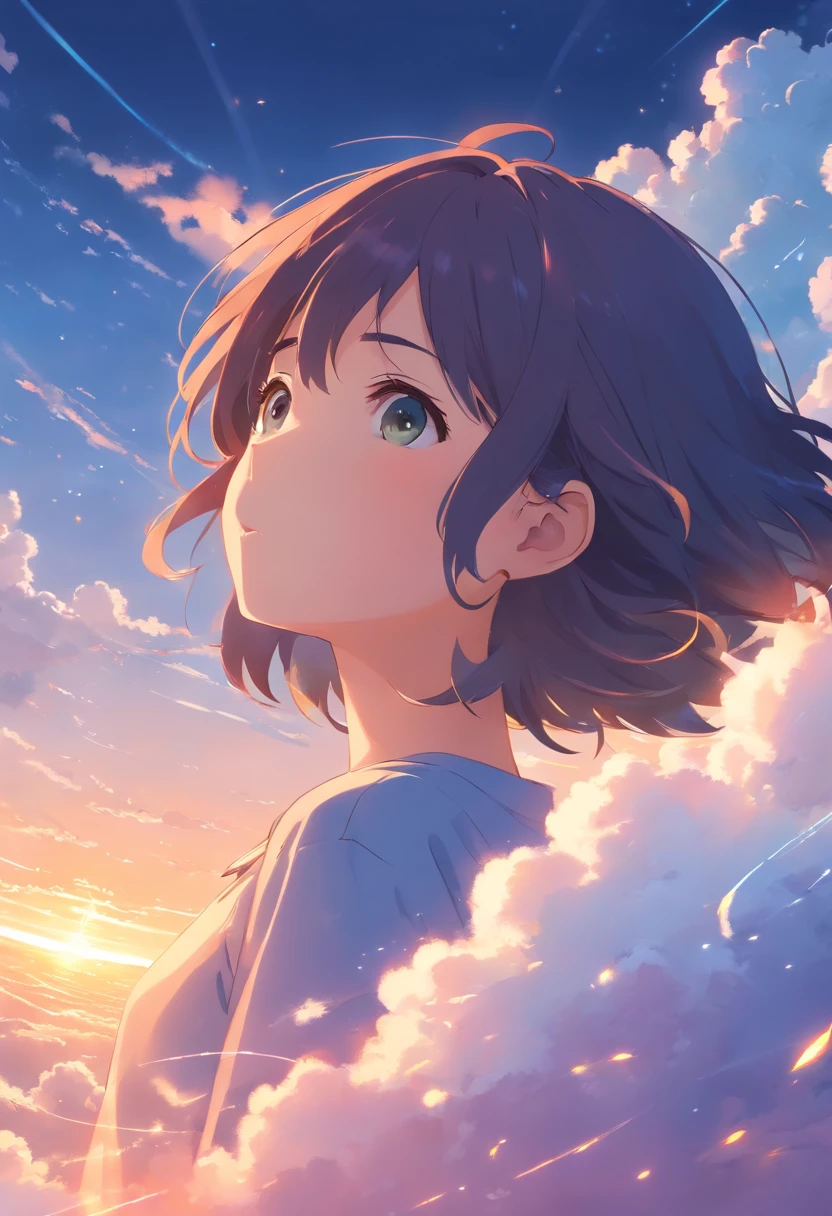 masterpiece, best quality, movie still, 1girl, cloud girl, floating in the sky, close-up, bright, happy, warm soft lighting, sunset, (sparks:0.7)