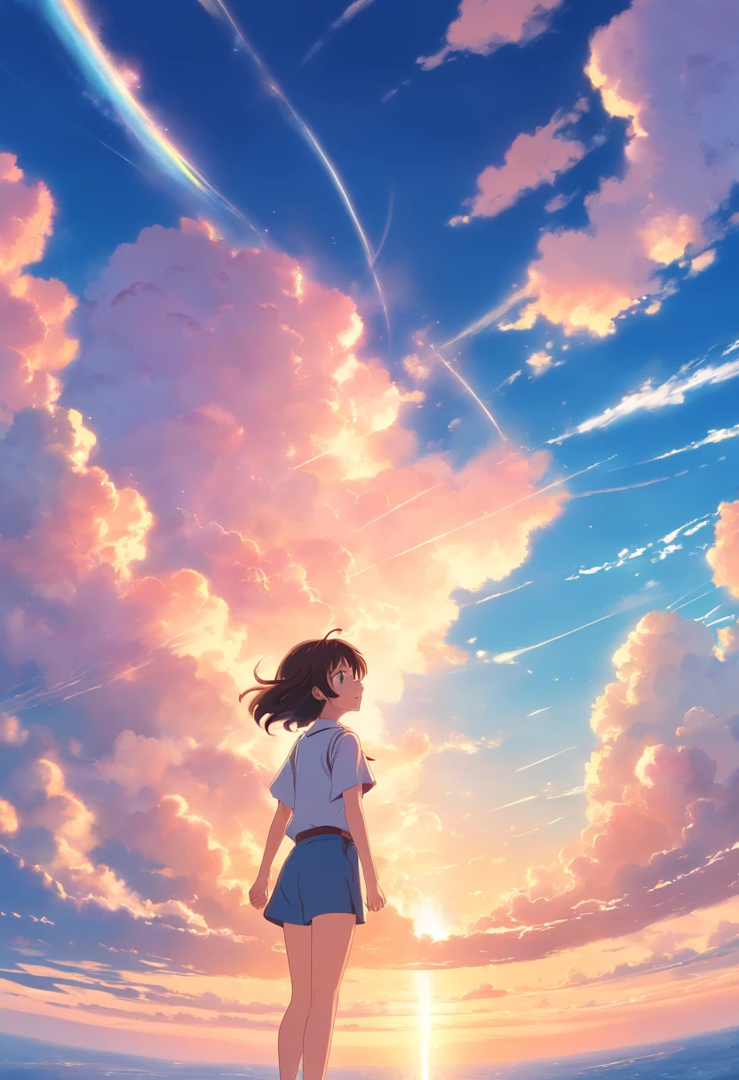 masterpiece, best quality, movie still, 1girl, cloud girl, floating in the sky, close-up, bright, happy, warm soft lighting, sunset, (sparks:0.7)