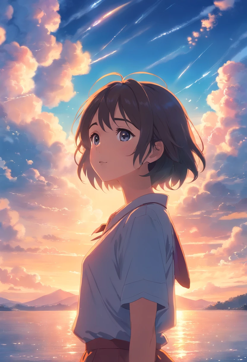 masterpiece, best quality, movie still, 1girl, cloud girl, floating in the sky, close-up, bright, happy, warm soft lighting, sunset, (sparks:0.7)