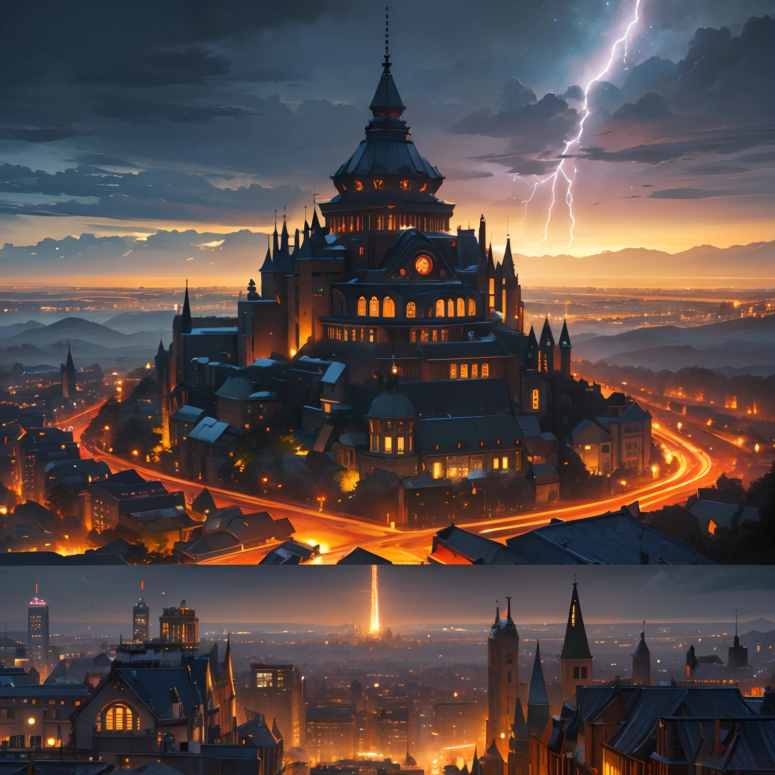 Landscape painting, An ultra-high picture quality, Super Detail, 超A high resolution, Northern Renaissance style, cyberpunked, city, Galaxy, planet, thunder, thunderstorm, Professional Lighting