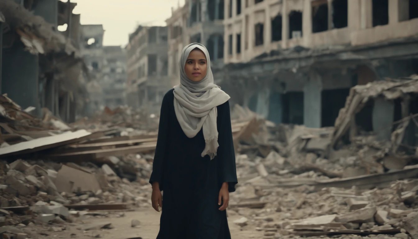 One beautiful young malay girl in hijab and torn outfit walking in a demolish city, after war background,