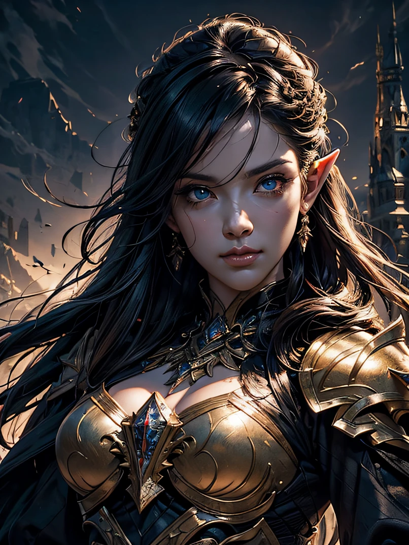 （（top-quality、Ultra-detailed、Cinematic lighting、Unique lighting effects、Lighting the face、FULL BODYSHOT、battle posture、dynamic motion））、Beautiful 30 year old female elf portrait environment with intricate details、Elegant person、Graceful aura、Elaborate patterns that blend fantasy and modernity、Black cloak of flowing fabric、Richly textured black leather armor and leggings、Black knight armor with delicate carving、Knight's helmet、Swinging a sword、Multiple enemy soldiers approaching from behind、Burning cityscape and medieval castle、Mystical atmosphere filled with magical elements、Dynamic lighting with vibrant colors、Detailed background depiction、Deep sense of depth、Depth and mood、Slender figure、A dark-haired、Hairstyle Ponytail、Seductive blue eyes、Sharp eyes、glaring at the camera、hyperdetailed face、Detailed eyes、Detailed hand depiction、Detailed hip depiction