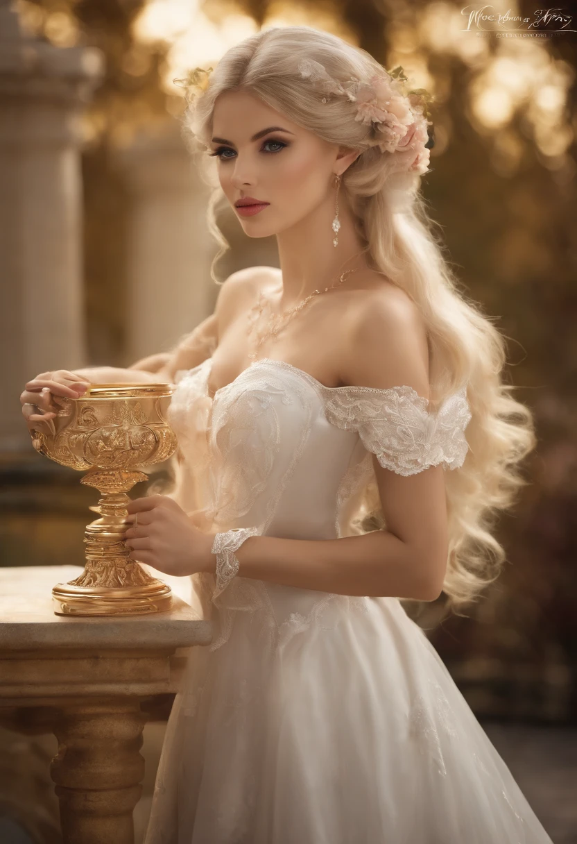 master part, best quality, altamente detalhado, Altas, HDR,, Chobits, Chii, sem sentimento,, 1girl, sozinho, franja, bareshoulders, seios, olhos castanhos, clamp (circlet) (Estilo), cabelo loiro platinado;, cabelos muito longos, robot ears, seios pequenos, tubos de cabelo,, maid, cocar de empregada, maid apron, empregada vitoriana, vestido de empregada,, estilo mksks, fundo bonito, Antecedentes detalhados, professional lightning, mansion, Interior, Ornamento de ouro, ouro, efeitos do ouro,
