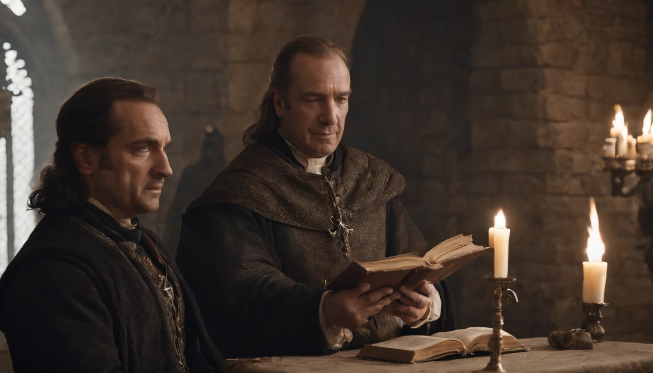 Image of three man in three crown reading a book, biblical epic movie, Velho Rei Medieval, ainda de um filme de fantasia, Reis antigos em vestes brancas, Reis Cruzados 3, de warcraft, assistente senta-se lendo em uma mesa, Tuomas Korpi e Wlop, Tolkien e Michael Komarck, Saul Goodman em Game of Thrones, wizard hat cinematic lighting