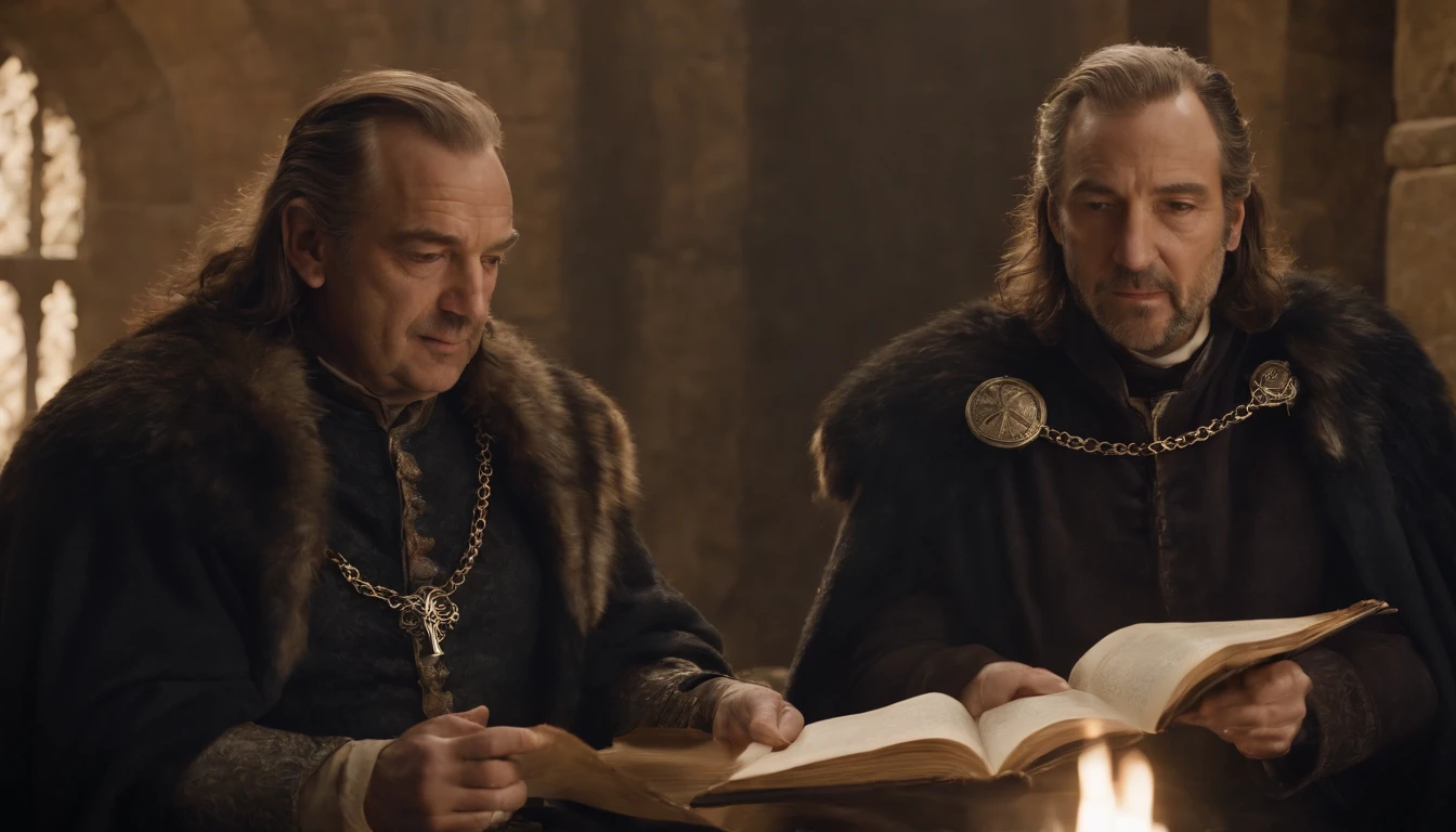 Image of three man in three crown reading a book, biblical epic movie, Velho Rei Medieval, ainda de um filme de fantasia, Reis antigos em vestes brancas, Reis Cruzados 3, de warcraft, assistente senta-se lendo em uma mesa, Tuomas Korpi e Wlop, Tolkien e Michael Komarck, Saul Goodman em Game of Thrones, wizard hat cinematic lighting