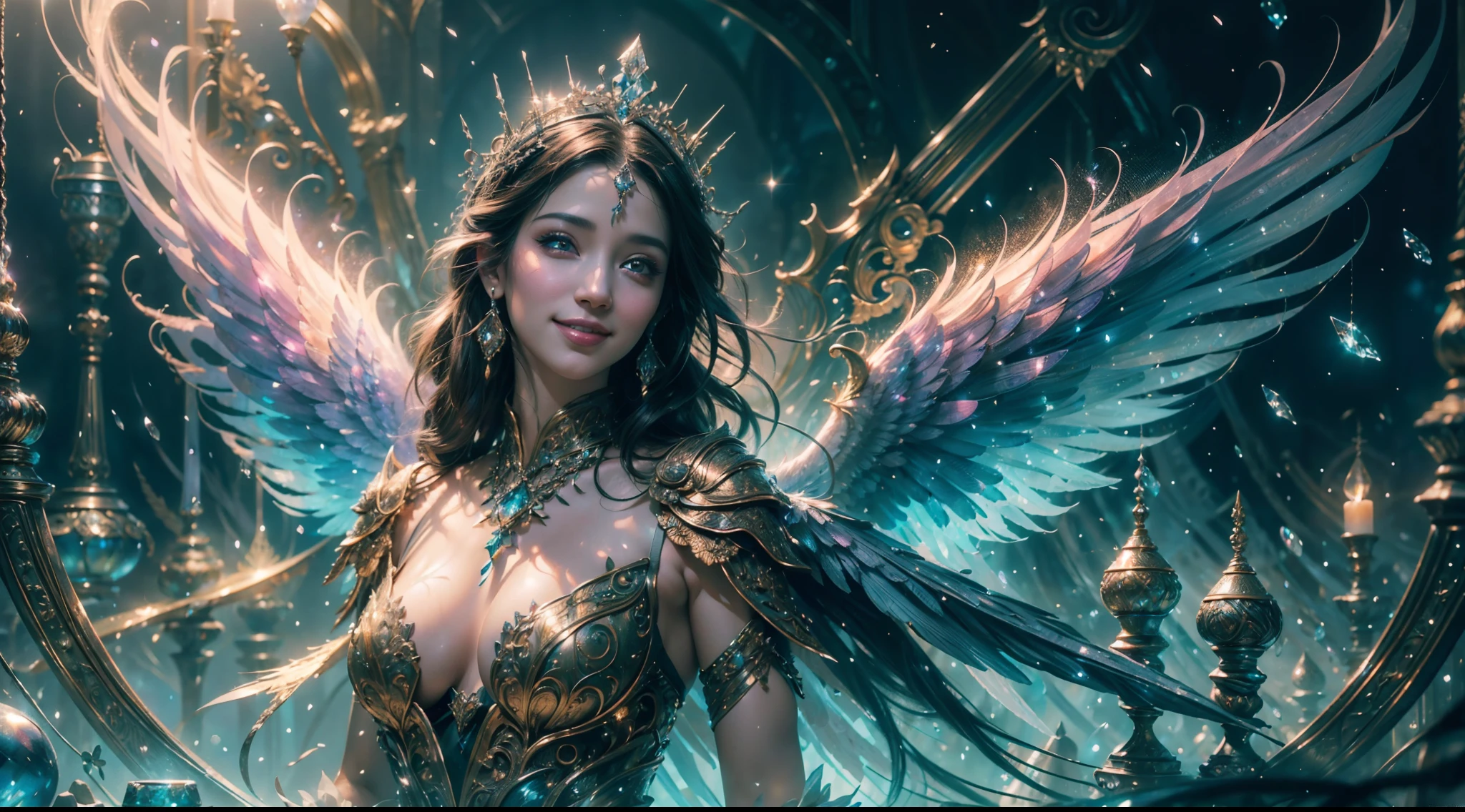 (film photo:1.3) From (Realistic:1.3), (Smile:1.3) (film photo:1.3) From (Realistic:1.3), (Magic photo:1.3) From (Realistic:1.3), (Proud:1.3), Female mirror angel, Angel wings, Large breasts,Complex surface details, Crystalcore, Bejeweled, Delicate close-up dress, Highly detailed fantasy characters, Amazing community, intricately ornamented, detailed fantasy digital art, cgsociety 9, behance fantasy art, 4K detail fantasy, detailed fantasy art, 8k high quality detail art, clucked, sparklecore, Hyperrealistic, Dreamlike, Ethereal fantasy, Realistic, fiction, Full-HD, HD, 8K, Soft lighting, Beautiful lighting, Incredibly detailed, Naturalistic, land art, regionalism , shutterstock contest winner, (zentangle:1.2), (Random background:1.5), (Shot with Nikon D7500 and Nikon 18-300mm lenses, 1/640, f/6.3, ISO800 Quality Management System Certification),