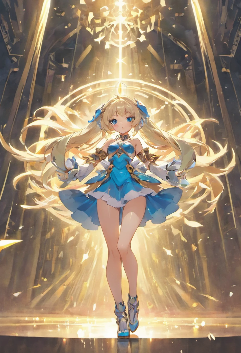 (masterpiece, top quality, best quality, official art, beautiful and aesthetic:1.2), 8K Wallpaper, bloom effect, (1girl:1.4), extreme detailed, colorful, highest detailed ((ultra-detailed)), (highly detailed CG illustration), ((an extremely delicate and beautiful)), bloom effect, light rays, strong light coming in, Deep Shadows, cinematic light, European fantasy world, ((inside ancient castle back ground)), ((from below:1.5)), ((1mechanical girl:1.2)), (:1.5), child, ((Perfect hands, Detailed fingers, Detailed eyes, Perfect legs, Detailed legs)), solo, full body, ((machine made joints:1.3)), Doll joints, ((All mechanical limbs:1.3)), Doll limbs, Doll Body, ((mechanical attachment to neck:1.2)), (standing:1.3), expressionless, (character focus), Perfect Anatomy, (navel, breasts, revealing clothes, bare waist, fusion Micro Bikini bottom and fishnet_pantyhose, Clawless Strings, Black Micro Bikini:1.3), (Flat chest:1.5), ((White Frilled dress:1.2, diadems, tiara:1.3)), length hair, (Blunt bangs), ((Blond hair, Wavy gradation hair hair:1.3)), (very long hair), White skin, ((Heterochromia, Blue eyes, Green eyes)), Huge multi-layered pupils with color gradients, ((Glitter pupils)), ((Crystal pupil:1.2)), (Gradient color eyes), Eyelashes, throne,