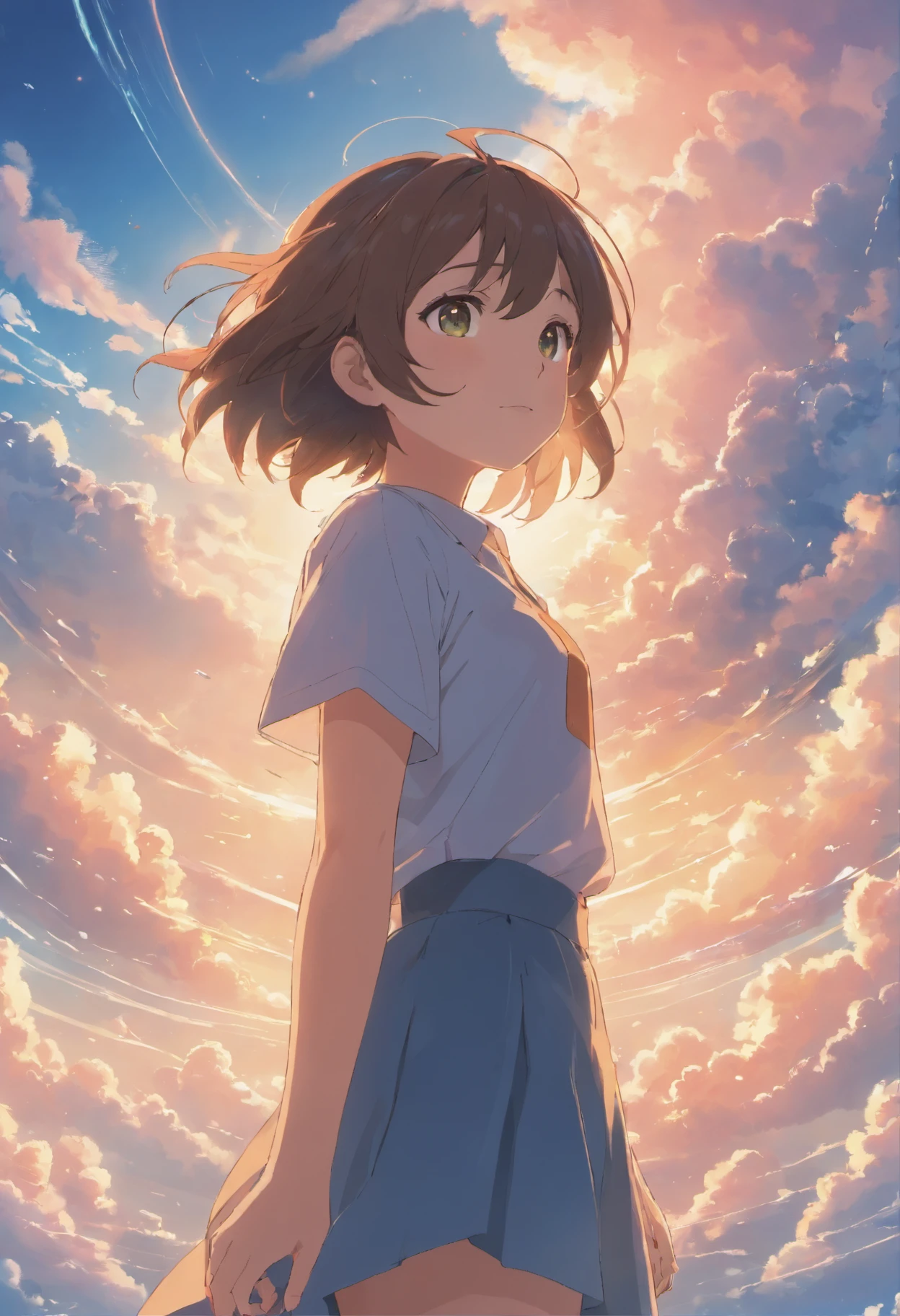 masterpiece, best quality, movie still, 1girl, cloud girl, floating in the sky, close-up, bright, happy, warm soft lighting, sunset, (sparks:0.7)