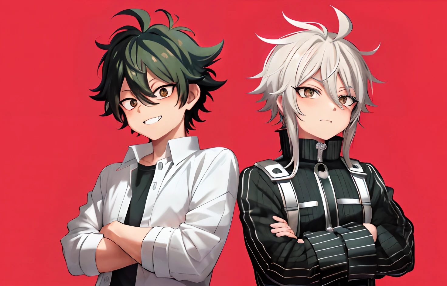menino anime com cabelo preto e camisa branca e cachecol, boku no hero academia estilo, in my hero academia, Izuku Midoriya, My Hero Academia, inspirado em Jamie Hewlett, 2 d estilo anime, Gatilho Estilo de Arte de Anime, [[[[sorrindo malvado]]]], anime, Otaku Gangasta