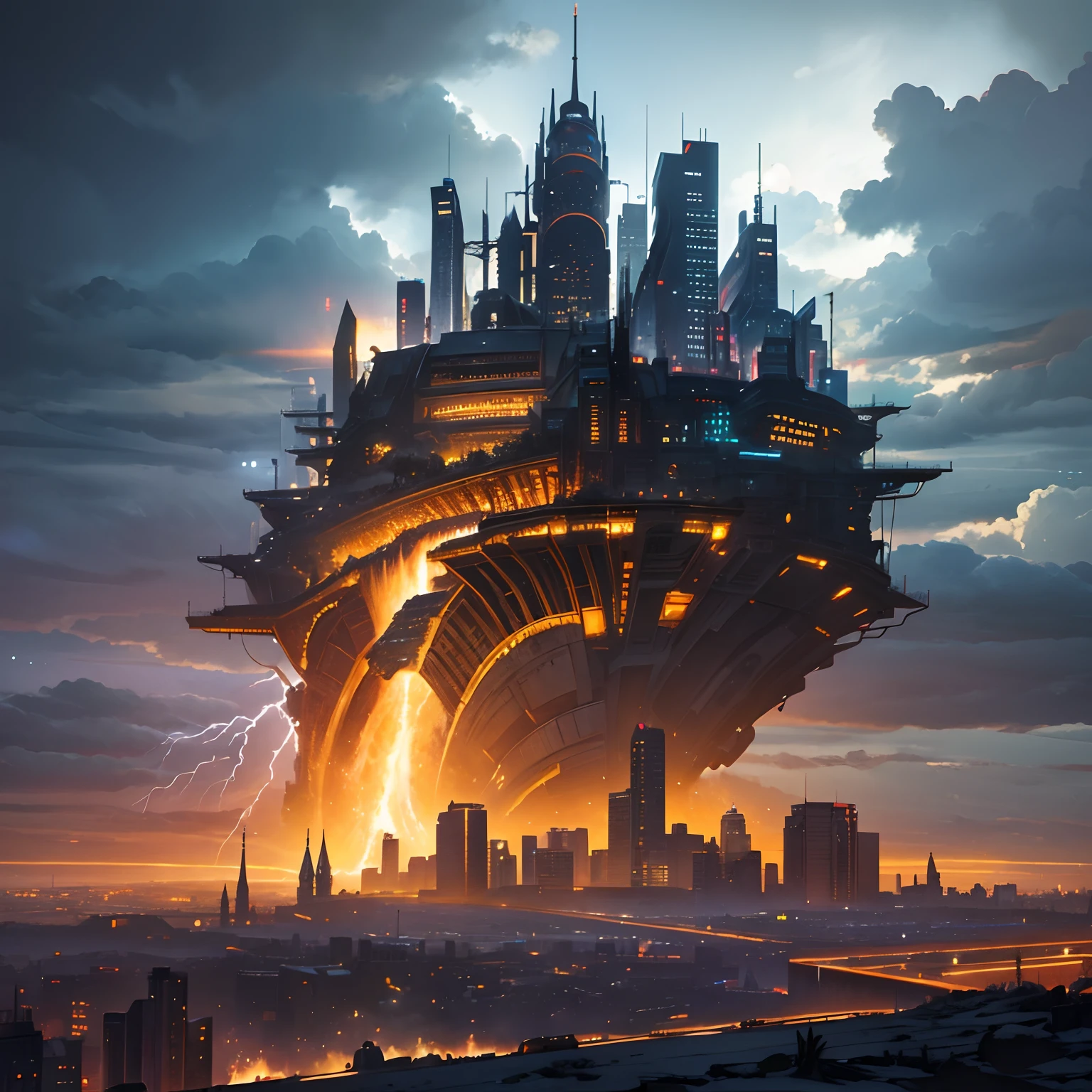 Landscape painting, An ultra-high picture quality, Super Detail, 超A high resolution, Northern Renaissance style, cyberpunked, city, Galaxy, planet, thunder, thunderstorm, Professional Lighting
