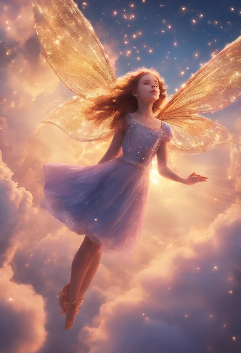 masterpiece, best quality, movie still, 1girl, cloud girl, floating in the sky, close-up, bright, happy, warm soft lighting, sunset, (sparks:0.7)