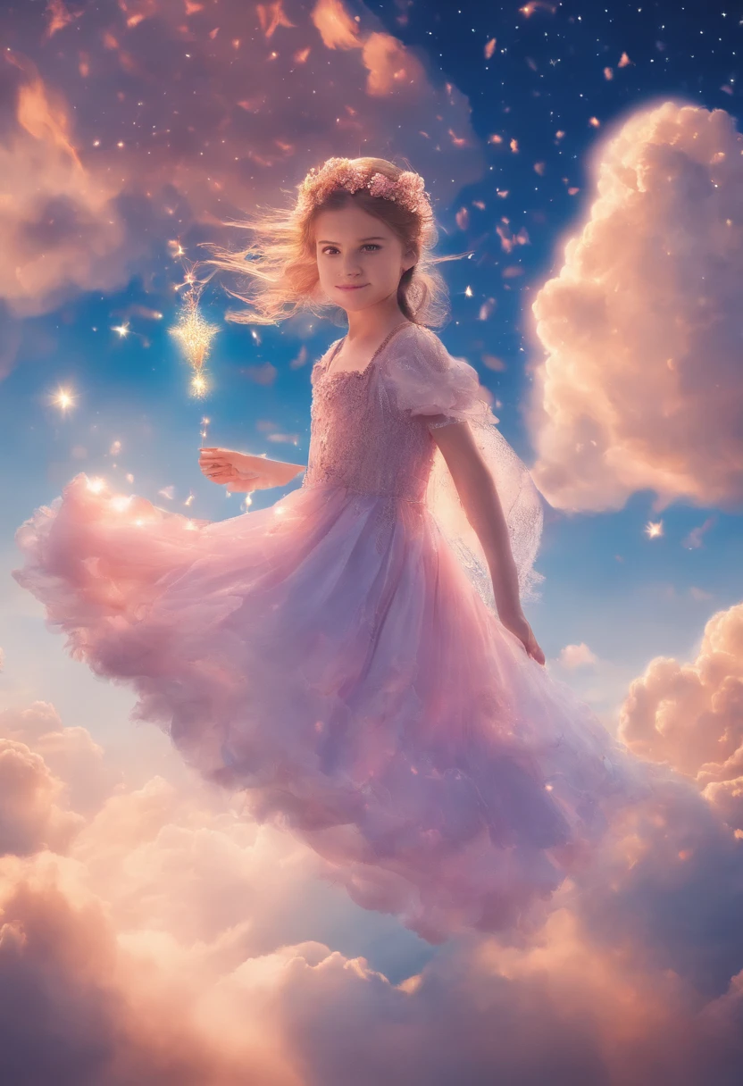masterpiece, best quality, movie still, 1girl, cloud girl, floating in the sky, close-up, bright, happy, warm soft lighting, sunset, (sparks:0.7)