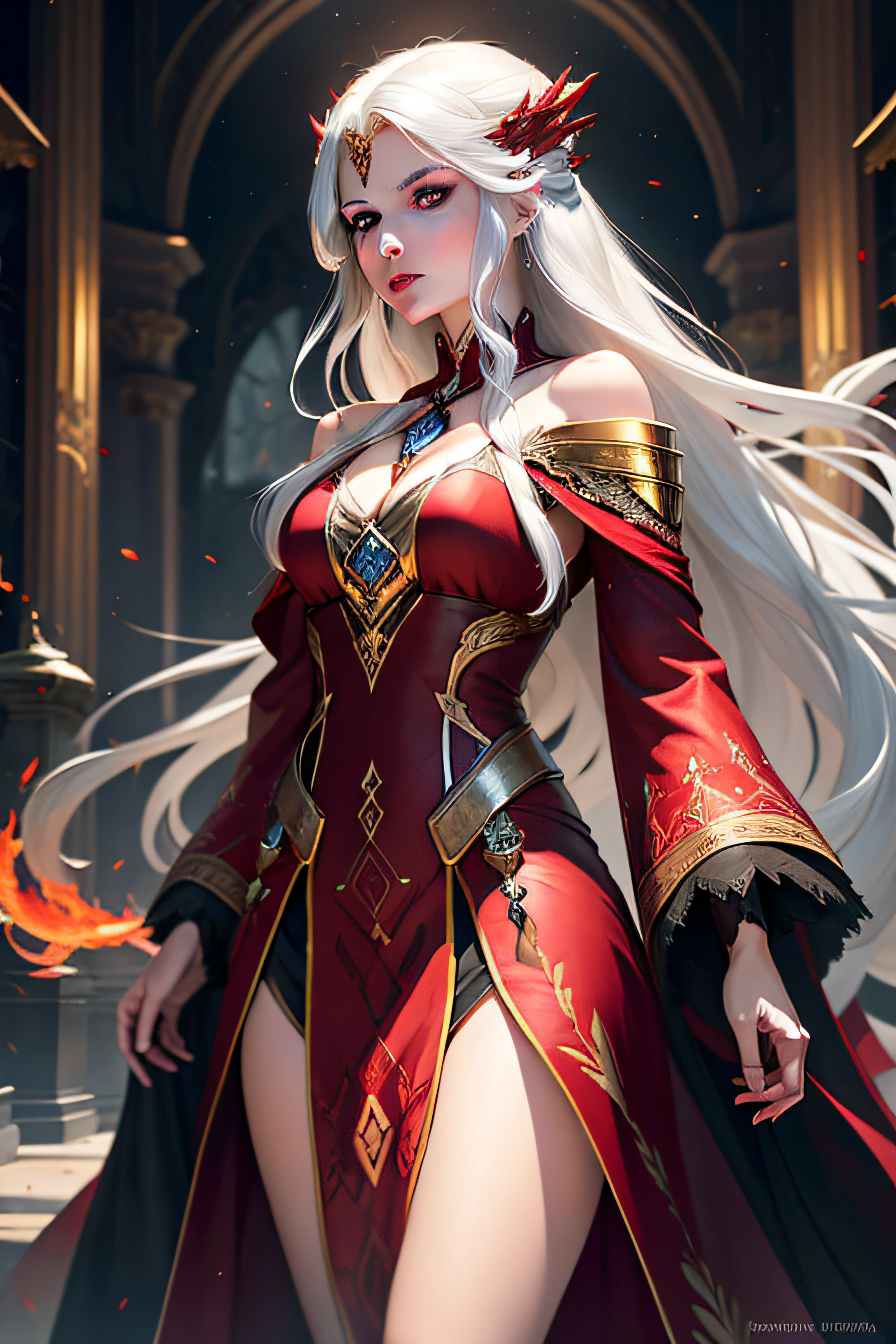 Two-dimensional picture quality,Ancient wind,femele,White hair, Red and blue pupils,Long hair shawl,She wore a noble long red and gold dress,Ice and fire surrounded her sides