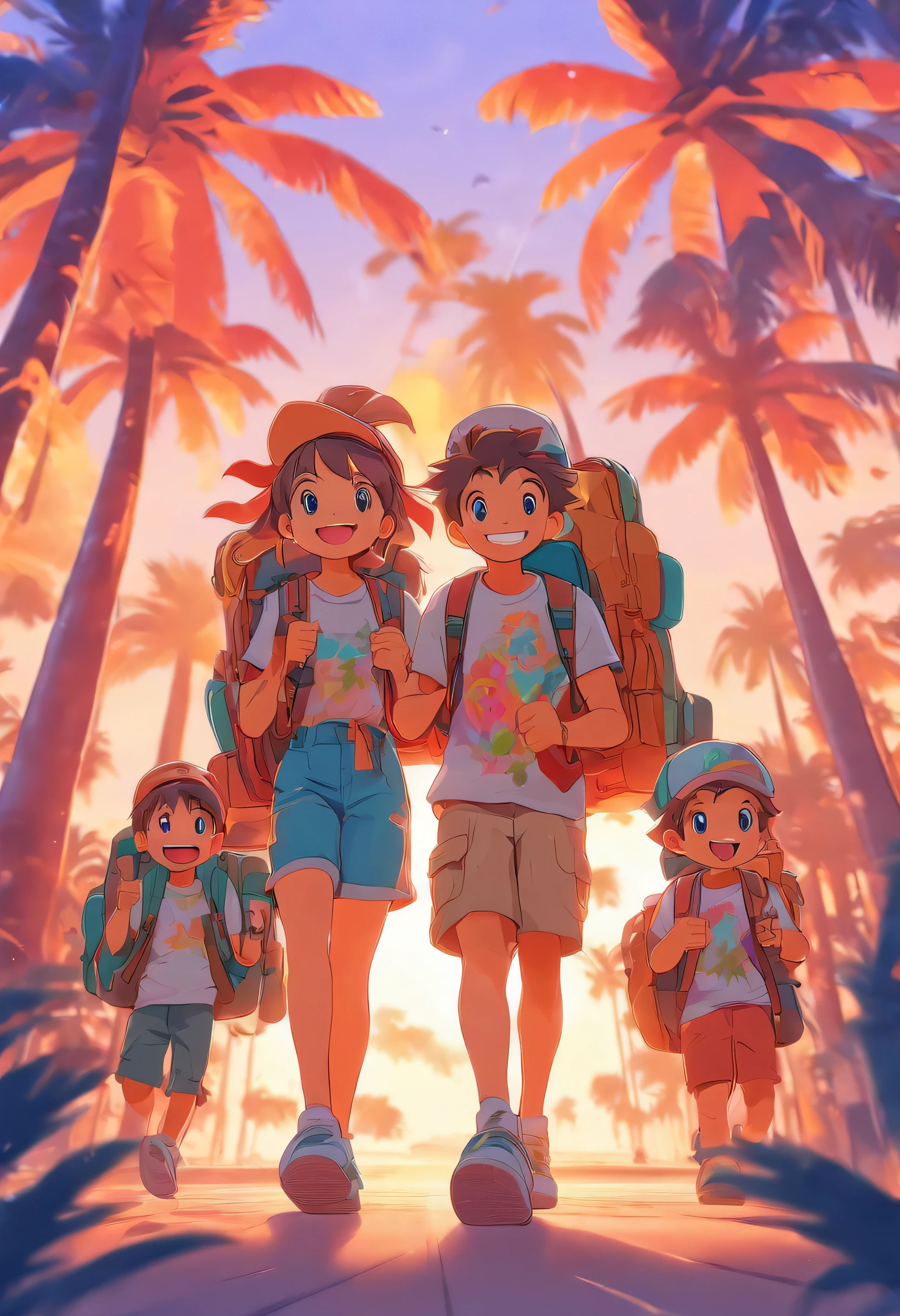 a family in cartoon style carrying backpacks on a vacation with happy smiles, palm trees, front view, all white background, streetwear design, pro vector, all cut sticker, full design, 8 colors only, solid colors, no shadows, full design, warm colors, sticker, bright colors