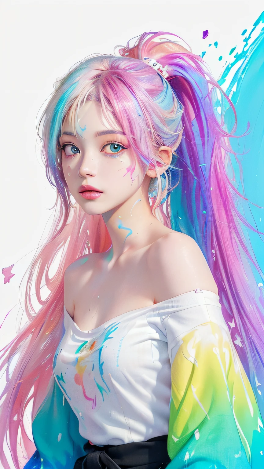 (Pink Fashion T-shirt:1.9),(Colorful hair: 1.8), (all the colours of the rainbow: 1.8),(((((vertical painting:1.6))), (painting:1.6),front, comics, illustrations, paintings, large eyes, crystal clear eyes,( rainbow color gradient high ponytail:1.7), exquisite makeup, closed mouth,(Small Fresh: 1.5),(Wipe Chest: 1.6) ,long eyelashes, white off shoulder T-shirt, White Shoulder Shirt,looking at the audience, large watery eyes, (rainbow colored hair:1.6), color splash, (solo:1.8), color splash, color explosion, thick paint style, messy lines, ((shining)),(colorful), (colorful), (colorful), colorful, Thick Paint Style, (Splash) (Color Splash), Vertical Painting, Upper Body, Paint Splash, Acrylic Pigment, Gradient, Paint, Highest Image Quality, Highest Quality, Masterpiece, Solo, Depth of Field, Face Paint, colorful clothes, (Elegant: 1.2), gorgeous,long hair, wind, (Elegant: 1.3), (Petals: 1.4),(((masterpiece))),(((best quality))),((ultra-detailed)),(illustration),(dynamic angle),((floating)),(paint),((disheveled hair)),(solo),(1girl) , (((detailed anima face))),((beautiful detailed face)),collar,bare shoulders,white hair, ((colorful hair)),((streaked hair)),beautiful detailed eyes,(Gradient color eyes),(((colorful eyes))),(((colorful background))),(((high saturation))),(((surrounded by colorful splashes))),