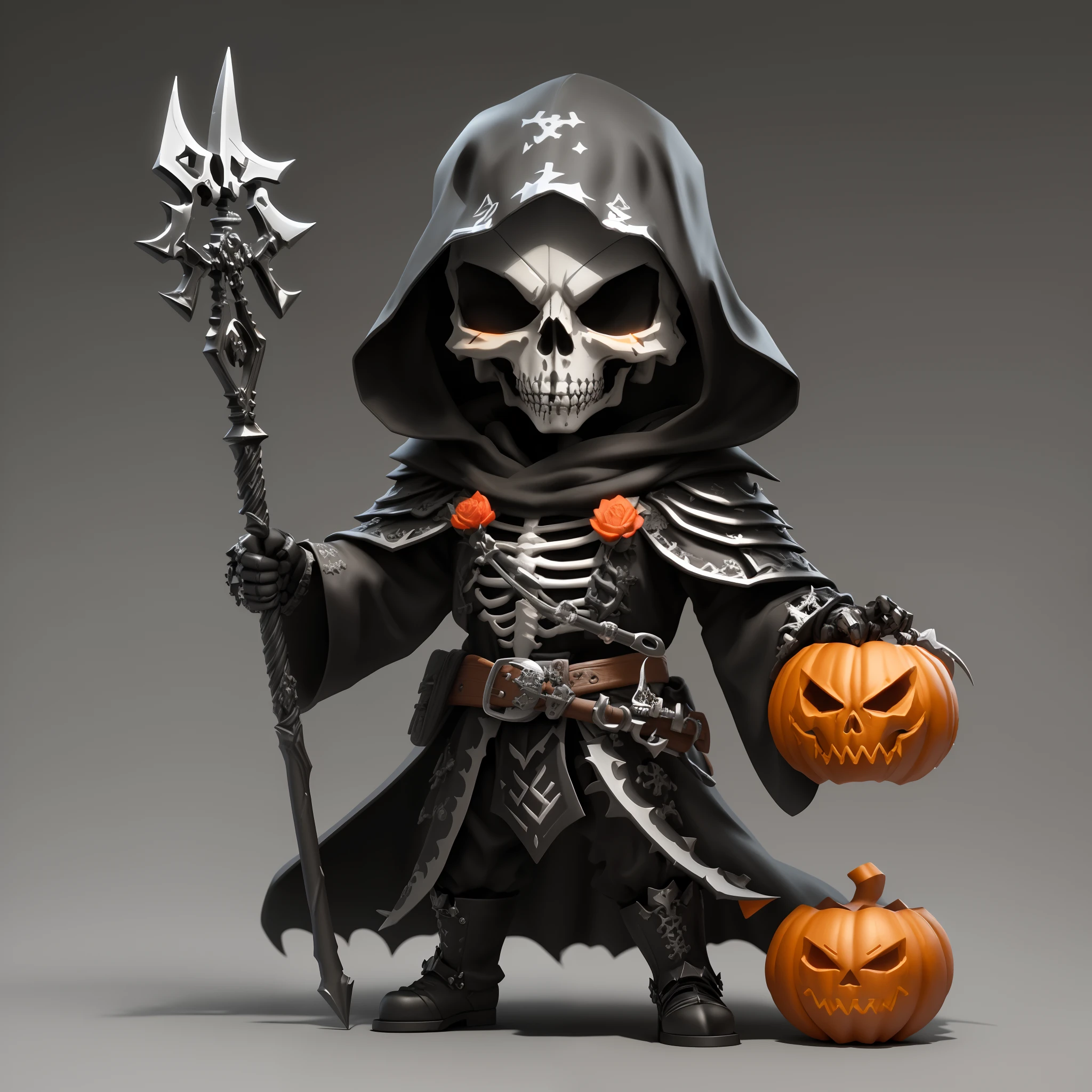 Close-up of a skeleton toy figure holding a sickle, The figure of Samhain, Punk Grim Reaper, Grim Reaper, skeleton knight, like, shinigami, evil death, skeleton warrior, colored zbrush render, the reaper as a scary, reminded me of the grim reaper, Cute skeleton, undead lich, Render with ZBrush, Skeleton Pirate