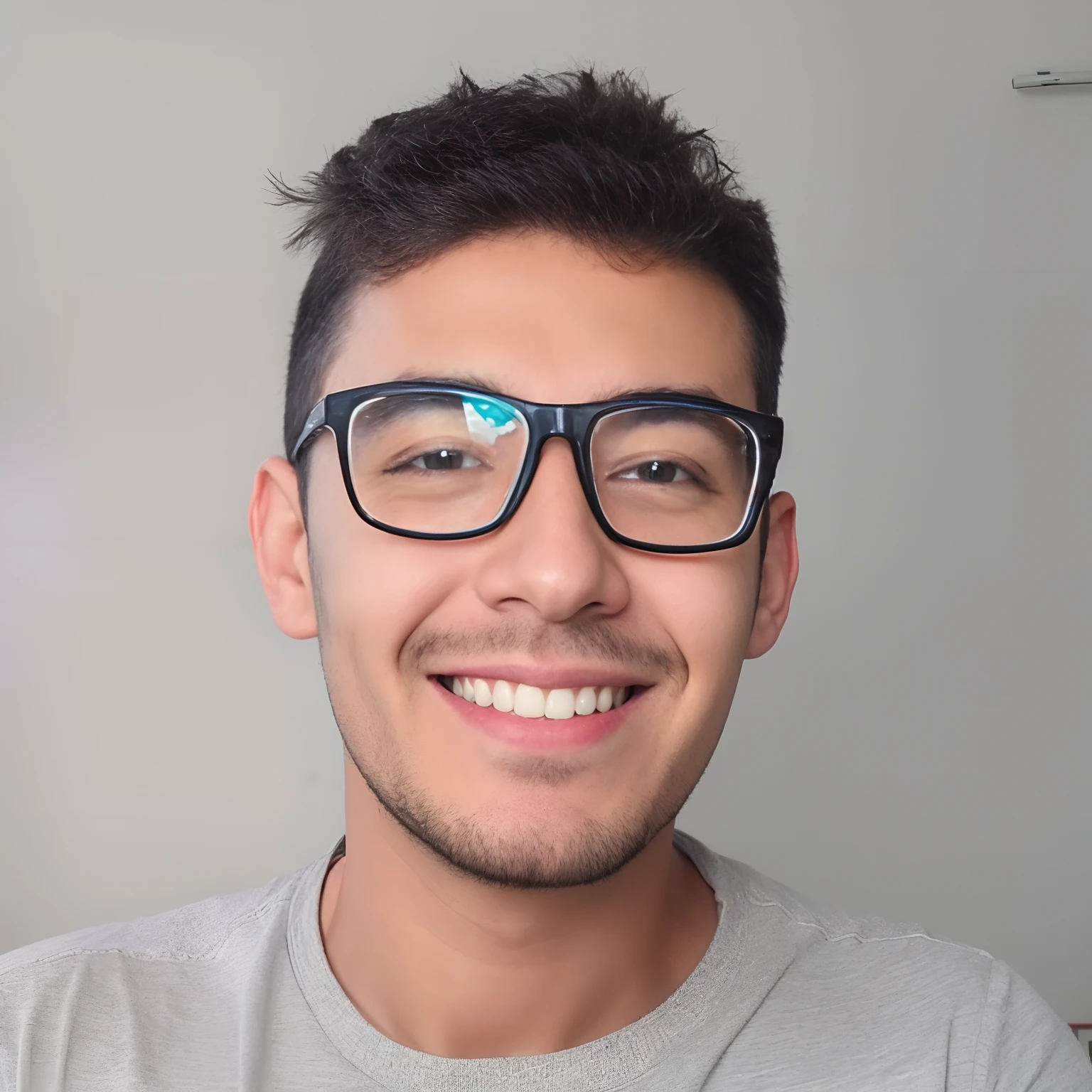 Smiling man wearing glasses and a gray shirt with a green sticker on his forehead, foto de perfil headshot, imagem do avatar, imagem frontal, foto de perfil profissional, imagem profissional, victor maristane, caio santos, Cristiano Orrillo, foto portait foto de perfil, andres rios, leve sorriso nerd, imagem de perfil, sorrindo e olhando diretamente, em torno de 1 9 anos