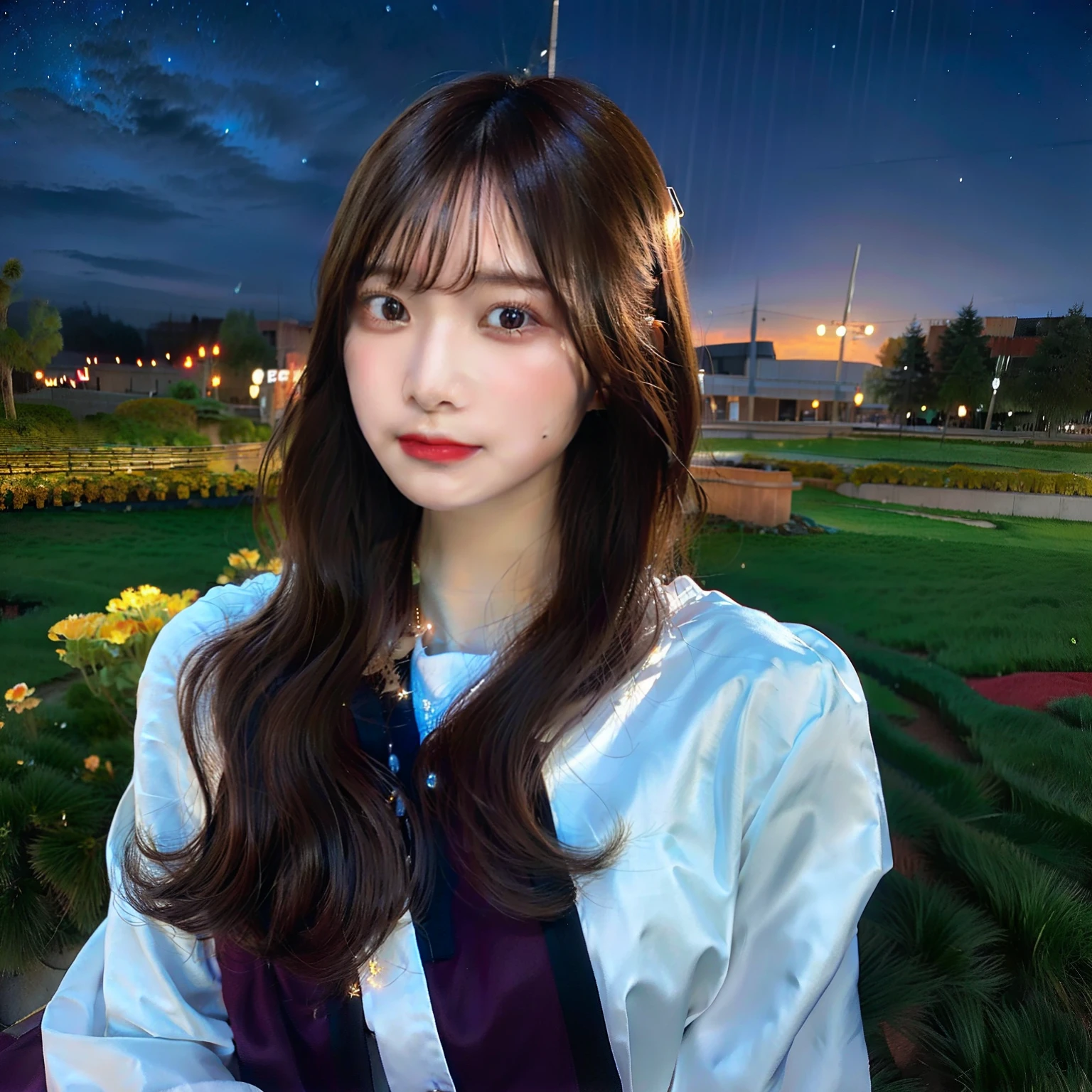 (RAW Photo, Best Quality), (Realistic, Photo Realistic: 1.3), Best Quality, Highly Detailed, Masterpiece, Ultra Detailed, Illustration, 1 Girl, upper_body, Dynamic Angle, Extremely Detailed CG Unified 8k Wallpaper, Ink, Amazing, Movie upper_body, Dynamic Angle, World Mastery Theater, messy_long_hair, Best Quality, Extremely Detailed CG Unified 8k Wallpaper, Ink, Amazing, Movie Lights, lens_flare, dunhuang_style, Detailed Face, Beautiful Rendering of Tang Dynasty, (Deliberate expression: 1. 5), Standing in a flower field, (Looking up at the stars: 1.2), Fireflies, Scarf floating , sony master shot, woman posing for photo in front of tv, inspired by Fei Danxu, brown hair and bangs, hi-res screenshot, nicovideo, normal hands, vivid colors, full face shot of limur tempest, nice studio lighting, vhs screenshot, beautiful fine face