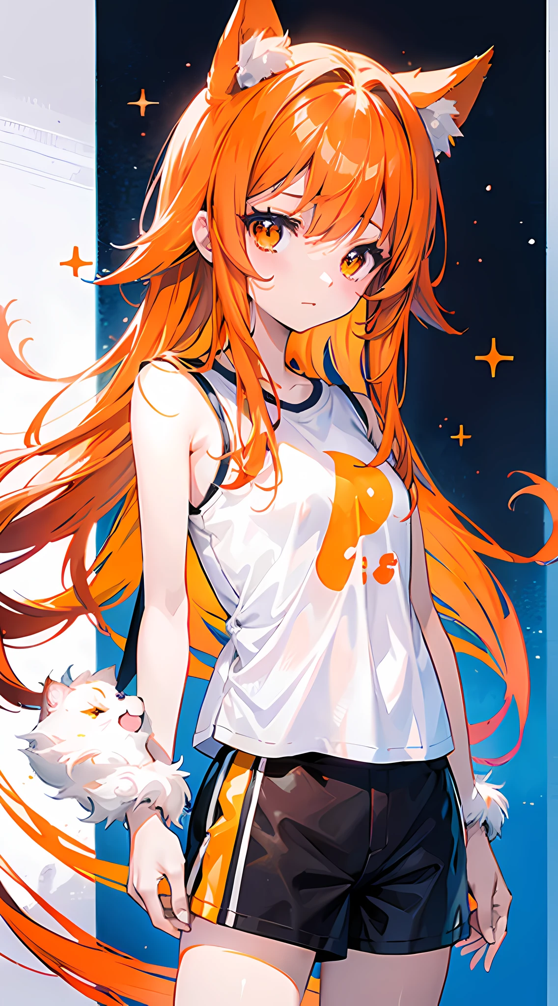 Una chica de anime, orejas de gato peludo naranja, pelo naranja peludo largo suave, linda cara sonriente,ojos color amarillo, Sky blue t-shirt without design and sleeveless, shorts cortos color gris claro, piernas al desnudo, tenis color gris claro, lunar a la izquierda de la boca, una cinta roja amarrada en el brazo izquierdo, Dynamic standing posture, imagen a cuerpo completo