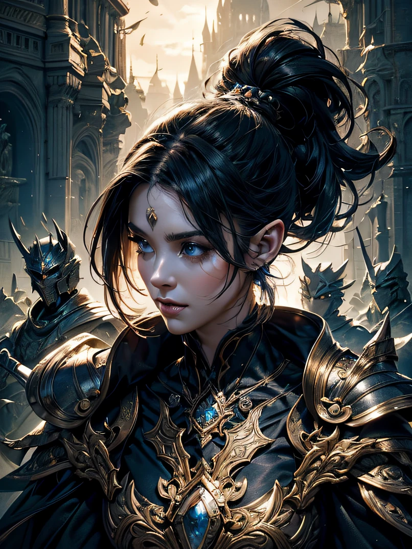 top-quality、Ultra-detailed、Cinematic lighting、Unique lighting effects、face lights、FULL BODYSHOT、Portrait of beautiful 30 year old female elf、battle posture、dynamic motion、Environments with complex details、Elegant person、Graceful aura、Elaborate patterns that blend fantasy and modernity、Black cloak of flowing fabric、Richly textured black leather armor and leggings、Black knight armor with delicate carving、Knight's helmet、Swinging a sword、Multiple enemy soldiers approaching from behind、Burning cityscape and medieval castle、Mystical atmosphere filled with magical elements、Dynamic lighting with vibrant colors、Detailed background depiction、Deep sense of depth、Depth and mood、Slender figure、A dark-haired、Hairstyle Ponytail、Seductive blue eyes、Sharp eyes、hyperdetailed face、Detailed eyes、Detailed hand depiction、Detailed foot depiction