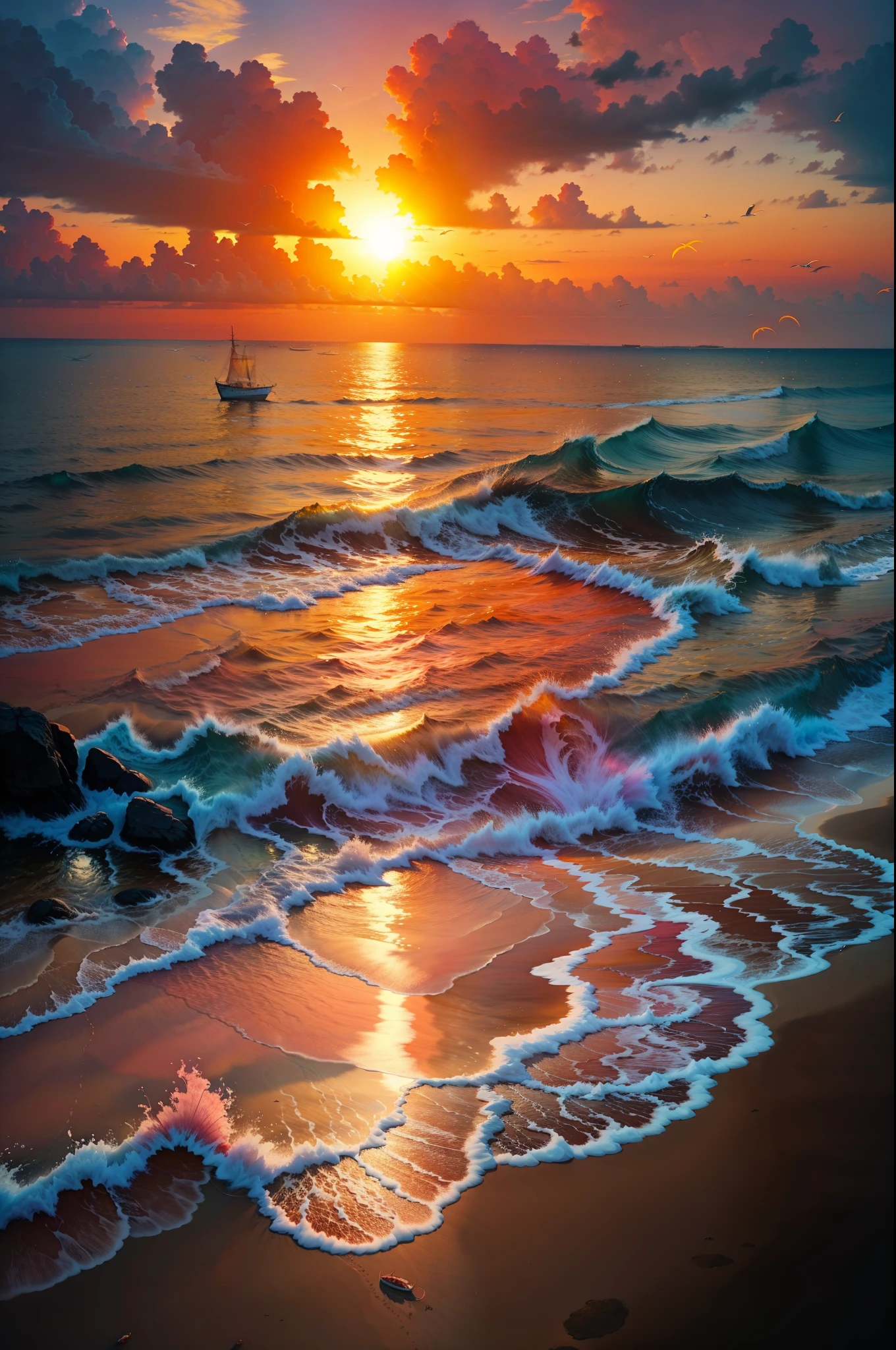 An absolutely mesmerizing sunset on the beach with a mix of orange, red, pink and yellow in the sky. The water is crystal clear, gently kissing the shore, and the sandy beach is endless. The scene is dynamic and breathtaking, with seagulls soaring high in the air and palm trees gently swaying. Immerse yourself in the calm atmosphere and let the tranquil surroundings surround you.