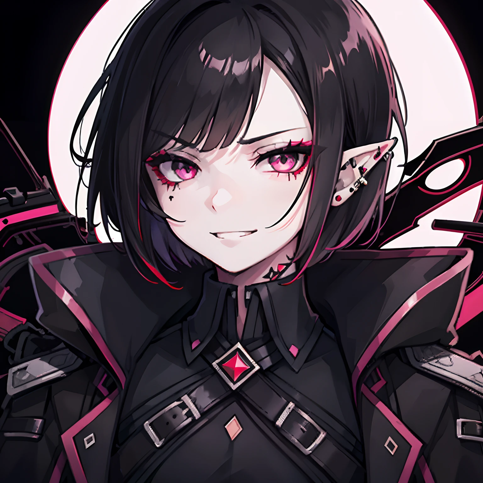 (portrait:0.9), 1girl, flat chest, black trench coat, black shirt, black tie, red hair, under cut hairstyle, very short hair, black lipstick, starsector, black background, piercing, neck tattoo, pink eyes, smug face expression, pale face, grin, elf ears