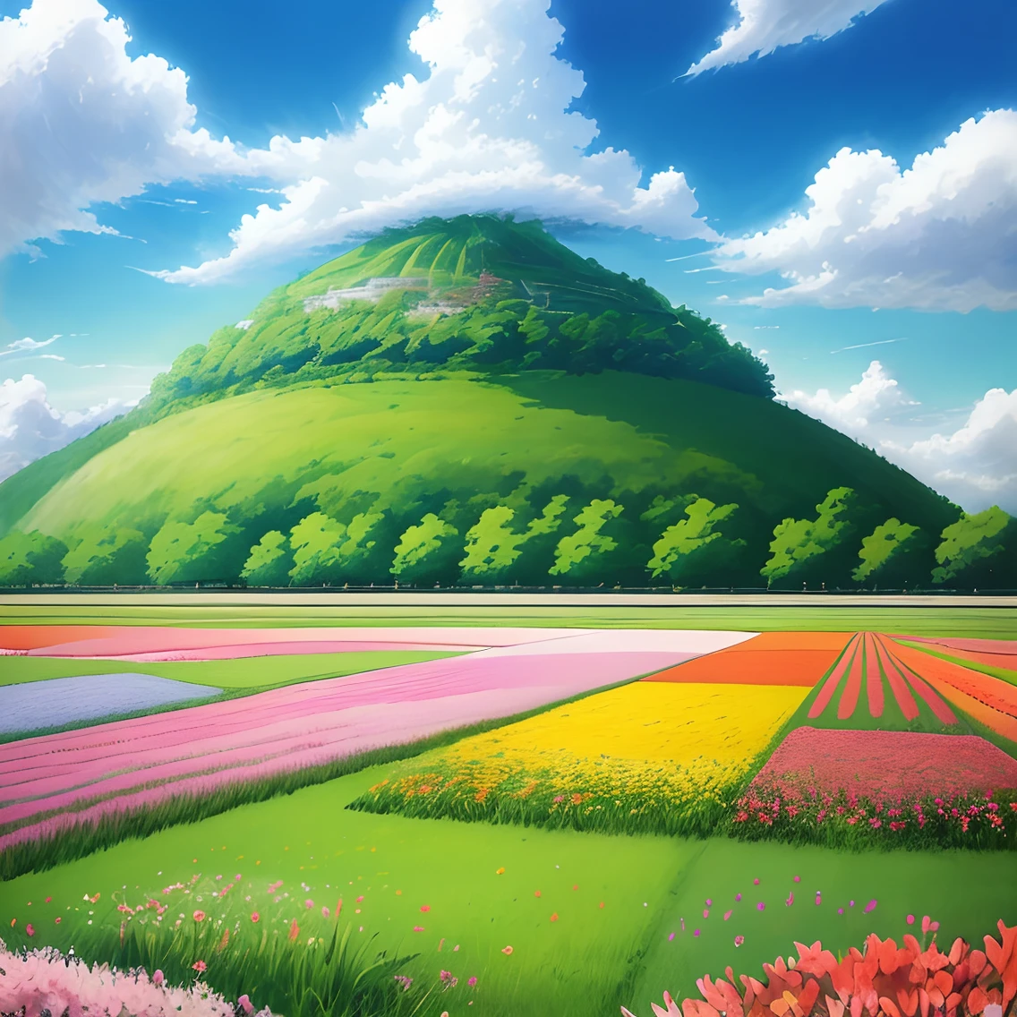 Anime landscapes, Fill the entire pasture, Surreal, Fresh painting,Flowers are blooming,Clouds,Heartwarming scenery,colorful flower,empty percentage is 1/2
