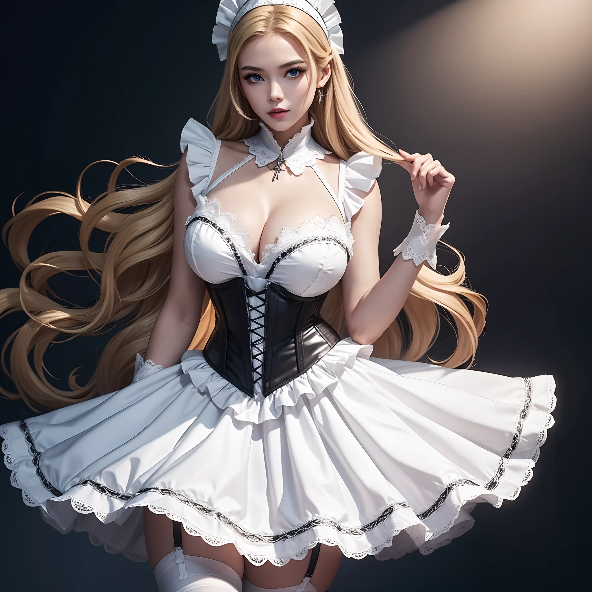 1 girl, long hair, blonde hair, mobile legends, odette_MLBB, blue eyes, large breast, sexy black white maid costume, white corset, black skirt, black garterbelt with black stocking, white maid headband,