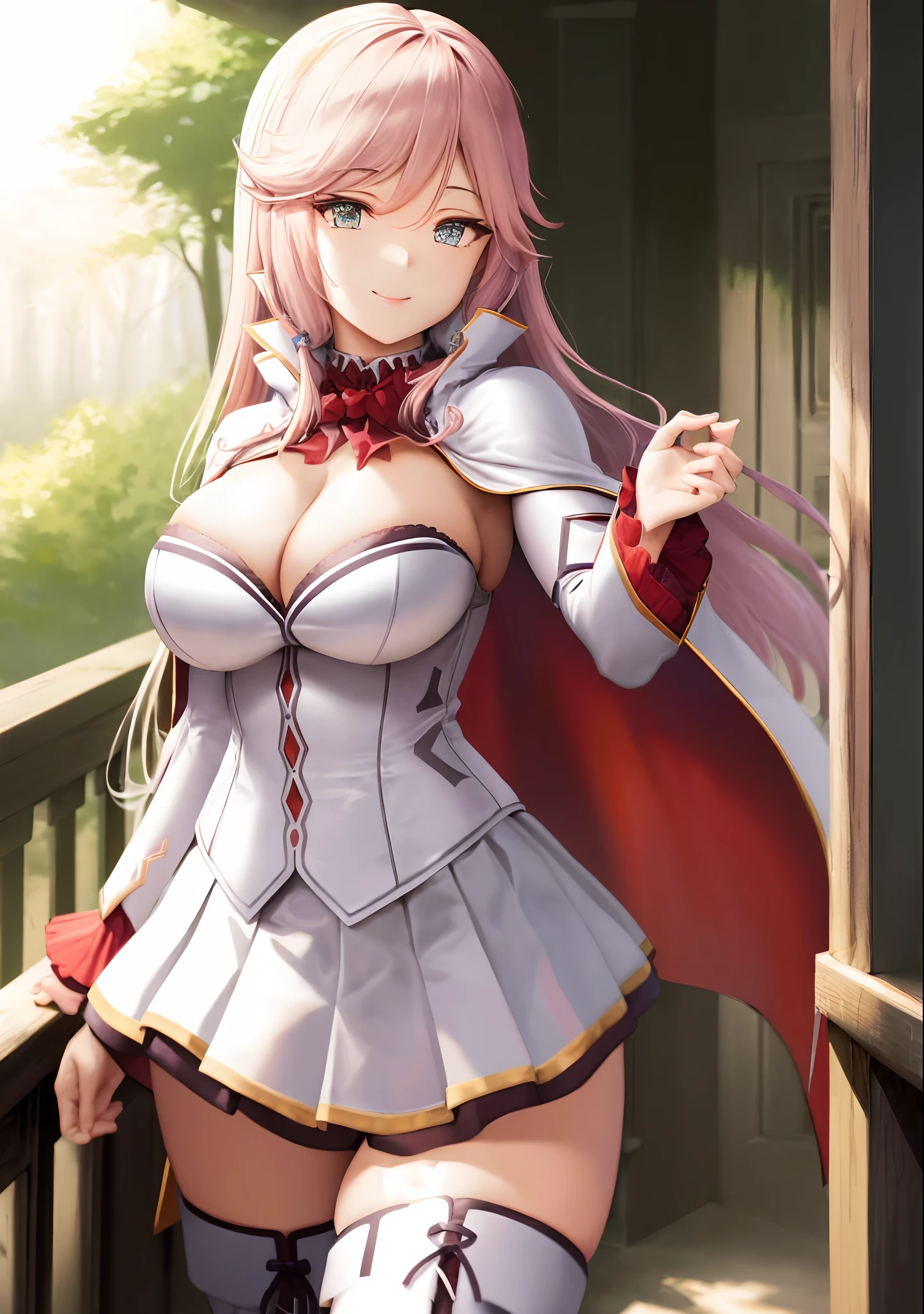 masterpiece, best quality, ultra-detailed, beautiful detailed eyes, extremely detailed eyes and face, 1girl, flarejioral, sidelocks, cleavage, cape, long sleeves, white skirt, pleated skirt, white thighhighs, boots, white footwear, cross-laced footwear, knee boots, ((large breasts)), standing, looking at viewer, smiling, forest, cowboy shot, upper body,