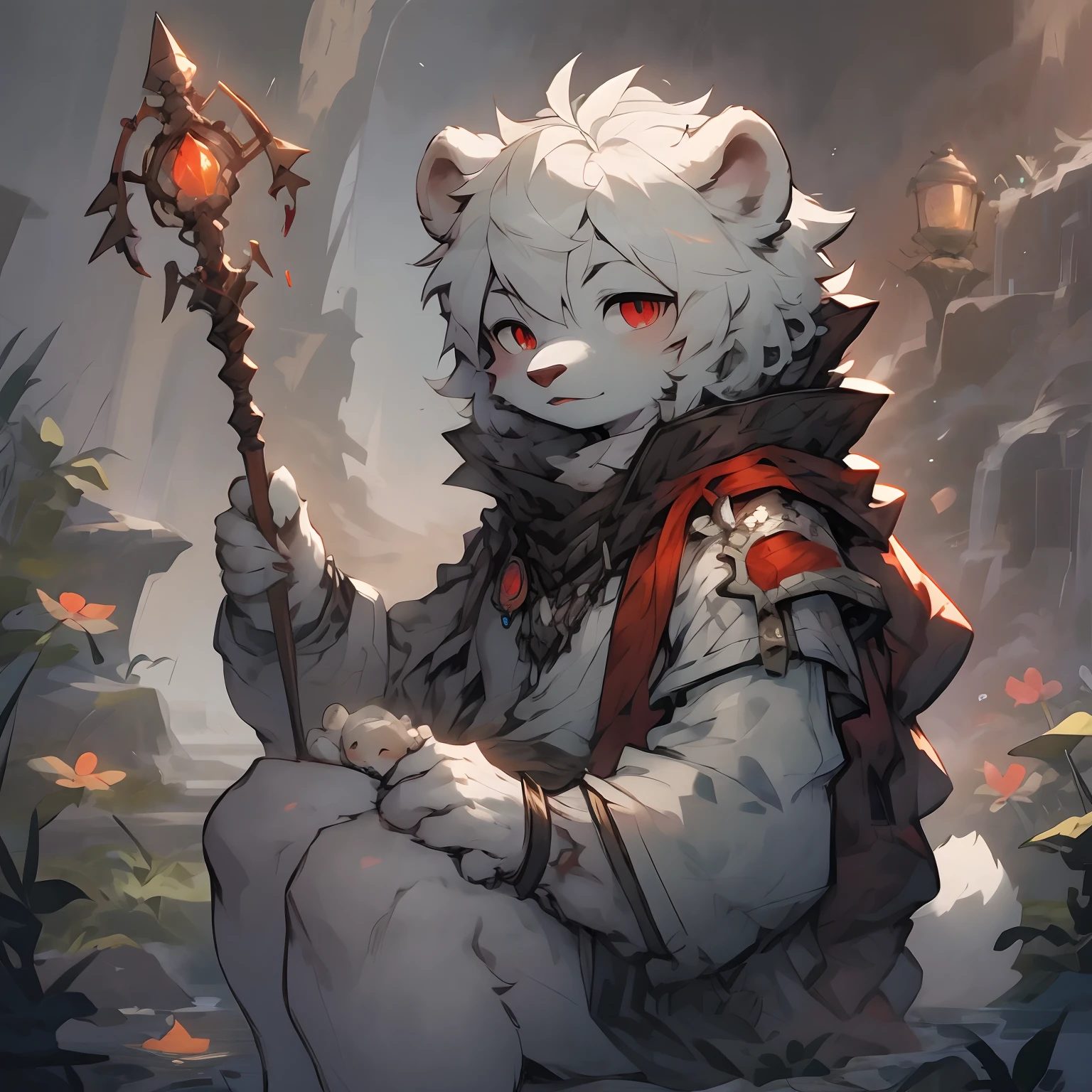 Master masterpieces，A high resolution，Detailed Arctic background，high qulity，（He is a small white polar bear orc，He has snow-white fur，Red eyes, Snow-white round ears.Small, round tail， Holding a golden wand，Draped in a red shawl.。Little White Bear anime, White-haired little polar bear,）） shaggy，furry art，younge boy，solo，very very beautiful furry art, Furry,official fanart, Detailed background,amazing background.