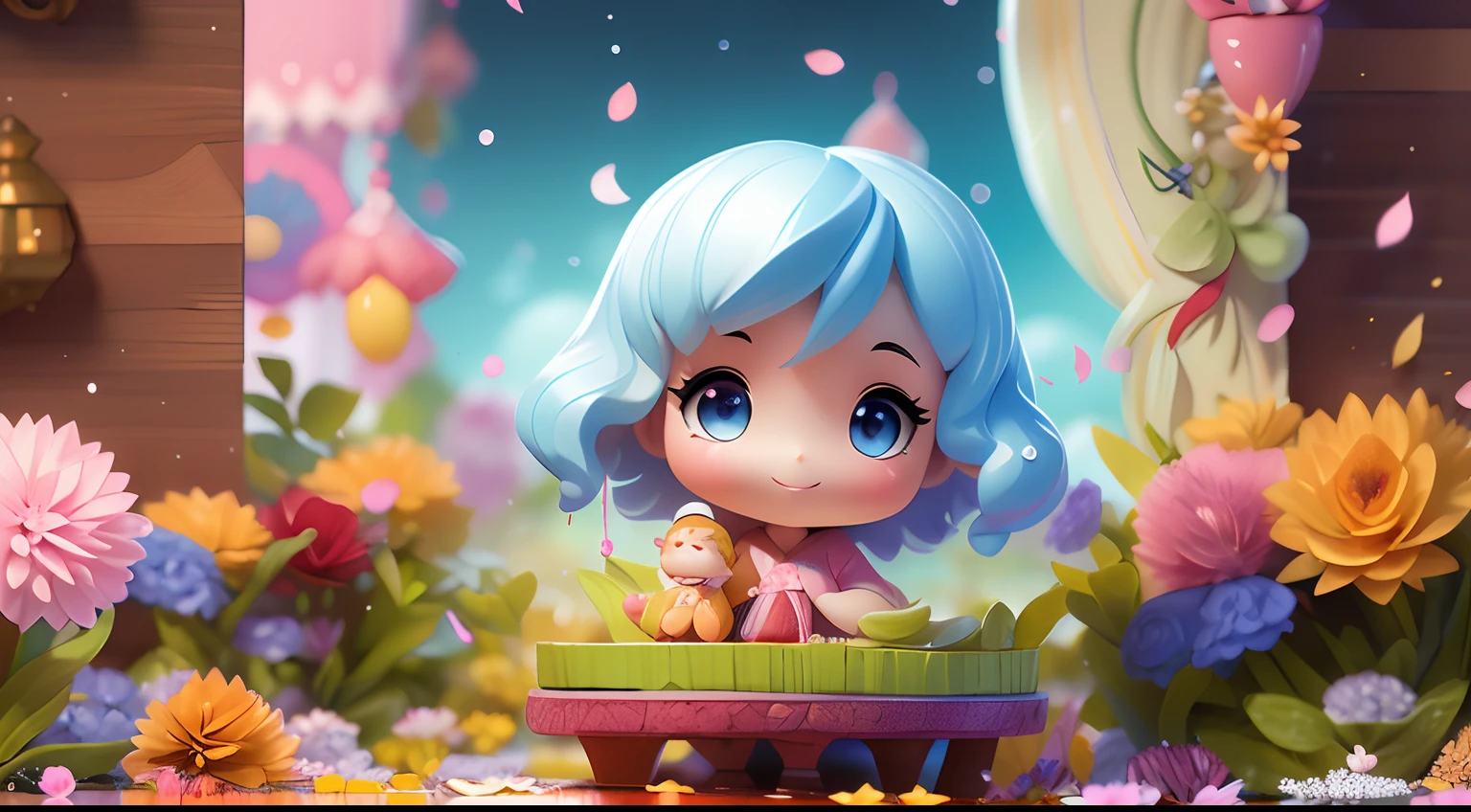 photoRealstic、Doll standing in front of the painting(nendroid)、A smile、Water droplets on the cheeks、Put your index finger on your cheek for a cute pose、Sengai、pixiv、rokoko、dollfie dream、watercolor Nendoroid、(High Definition Figure)、Flowing iridescent silk、up of face、Eye Up、There are also flowers in front of the nendroids、flower petals、season!!: 夏天☀ 🍂