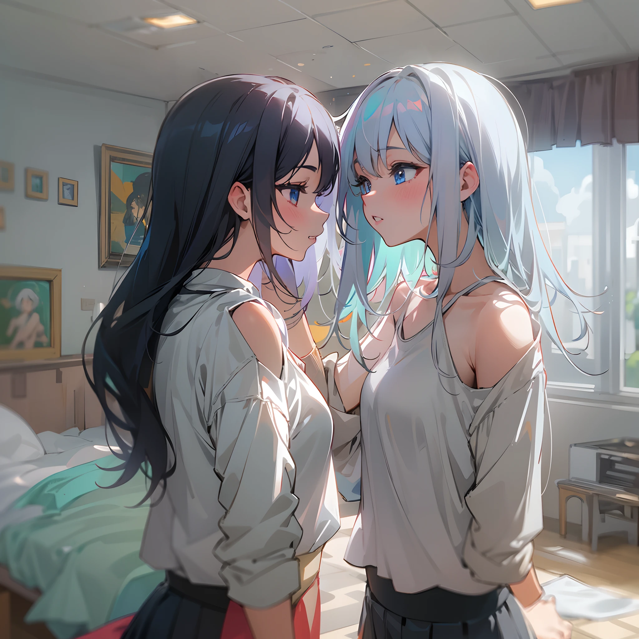 This is a picture of two girls kissing each other on the lips, masterpiece, 8k, 2 girls, "1girl has black hair, dark red eyes, black miniskirt, black shirt", "1girl has white hair, light blue eyes, white shirt, white miniskirt", 1girl is holding the other girls face, 1girl is holding the other girls shoulder. Both standing, very highly detailed bedroom, anime style