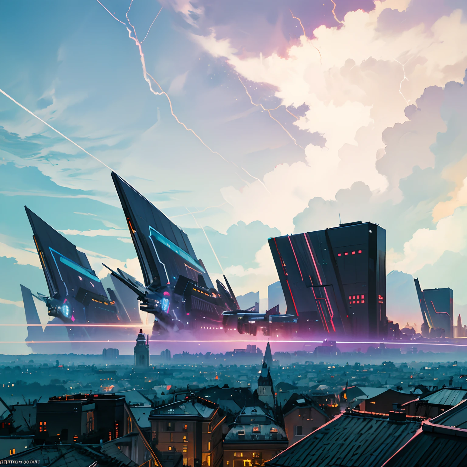 super high image, super detail, super high resolution, Northern Renaissance style, cyber punk, city, galaxy, planet, thunder, thunderstorm, professional lighting --auto