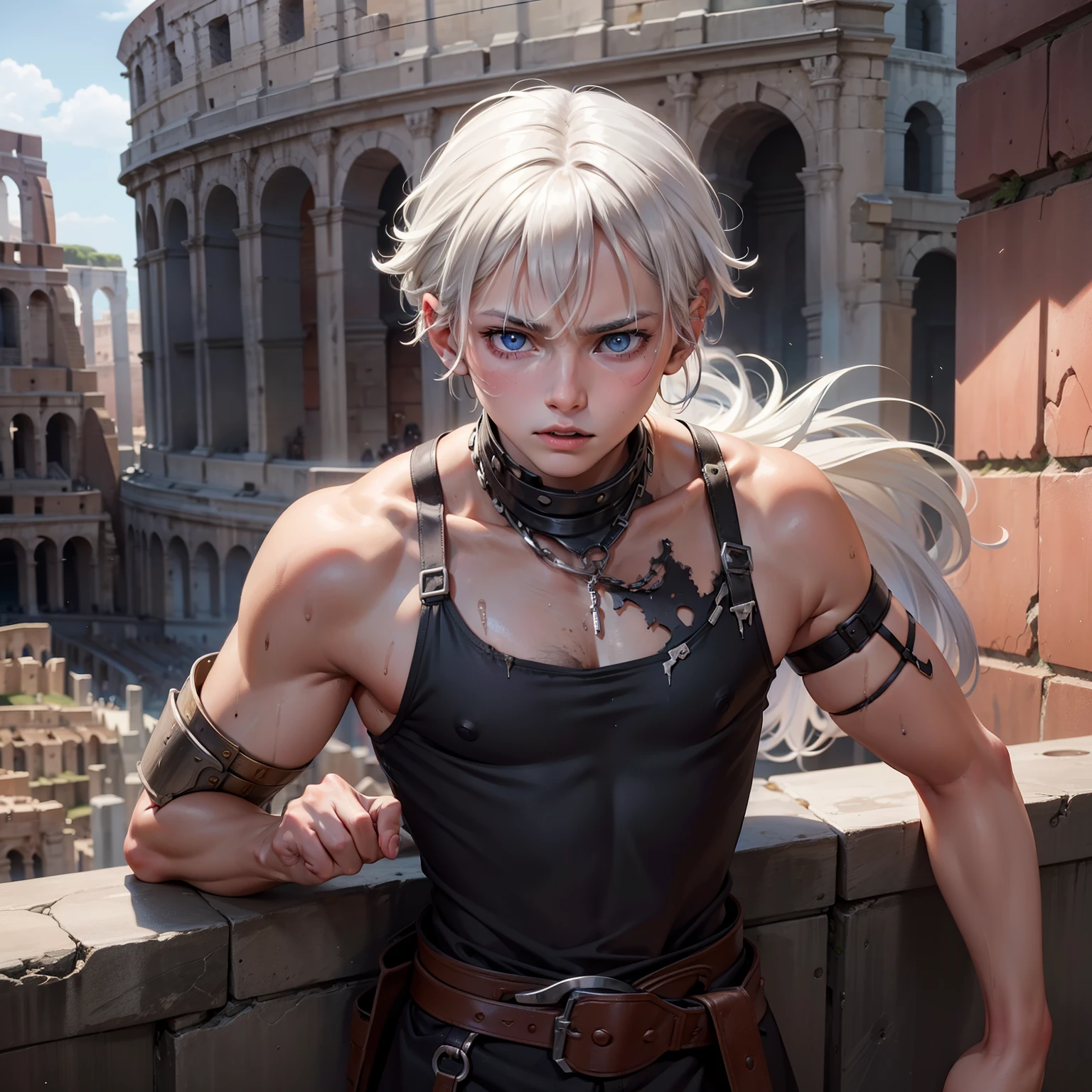 young boy with short, messy white hair and piercing blue eyes, locked in a savage struggle within the confines of a gritty colosseum. His disheveled appearance and straw clothing tell a story of hardship and survival, while his slavering and dirty state hint at the brutality of the arena. Despite his dire circumstances, his determination shines through his eyes. The colosseum background is a grim spectacle of towering stone walls and an enthusiastic, bloodthirsty crowd, serving as the backdrop to this harrowing battle for survival.