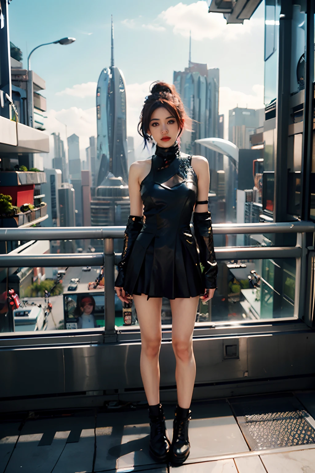 Masterpiece, Best Picture Quality, 8K high-definition,A famous cyberpunk girl dressed in Harajuku-style cyberpunk costumes, which stands on the street, Bold colors and patterns, Eye-catching accessories, Trendy and innovative hairstyle, Dazzling cyberpunk cityscape, skyscrapper, Bright color scheme,, full of lights,illustration, Detailed skin texture, Detailed cloth texture, Beautiful detailed face, Intricate details, Ultra detailed, Cinematic lighting, Full body photo in bright tones