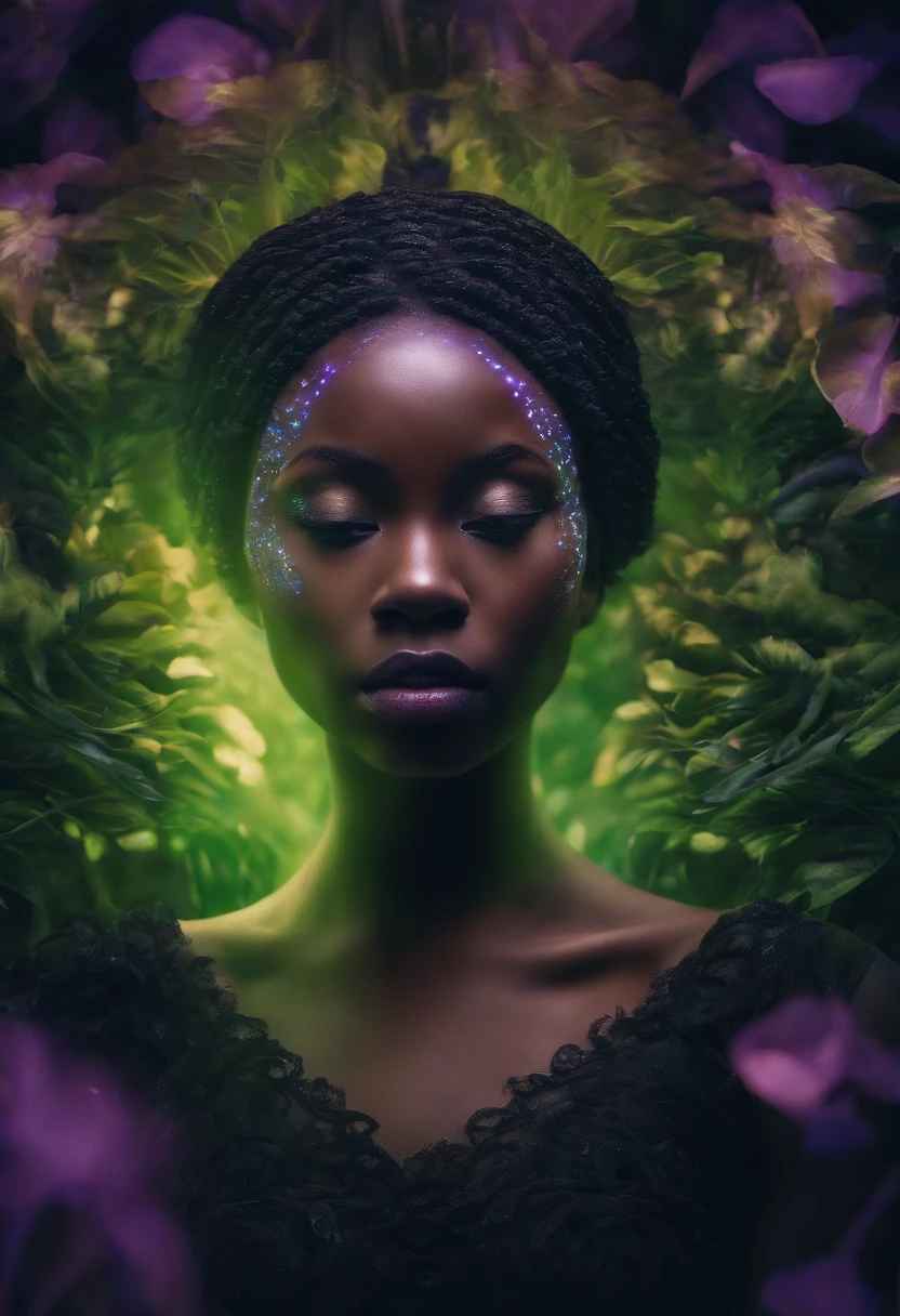 "Bioluminescent Serenity" -, vibrant, Colorful beautiful African female women, violet, green glow firefly, Edward Weston, kimono, Black ink flow, cinematic photo, beach, neon material, intricately detailed fluid  bioluminescent algae, 35mm photograph, bokeh, professional, 4k, highly detailed, luminous, enchanting, natural beauty, poetic.