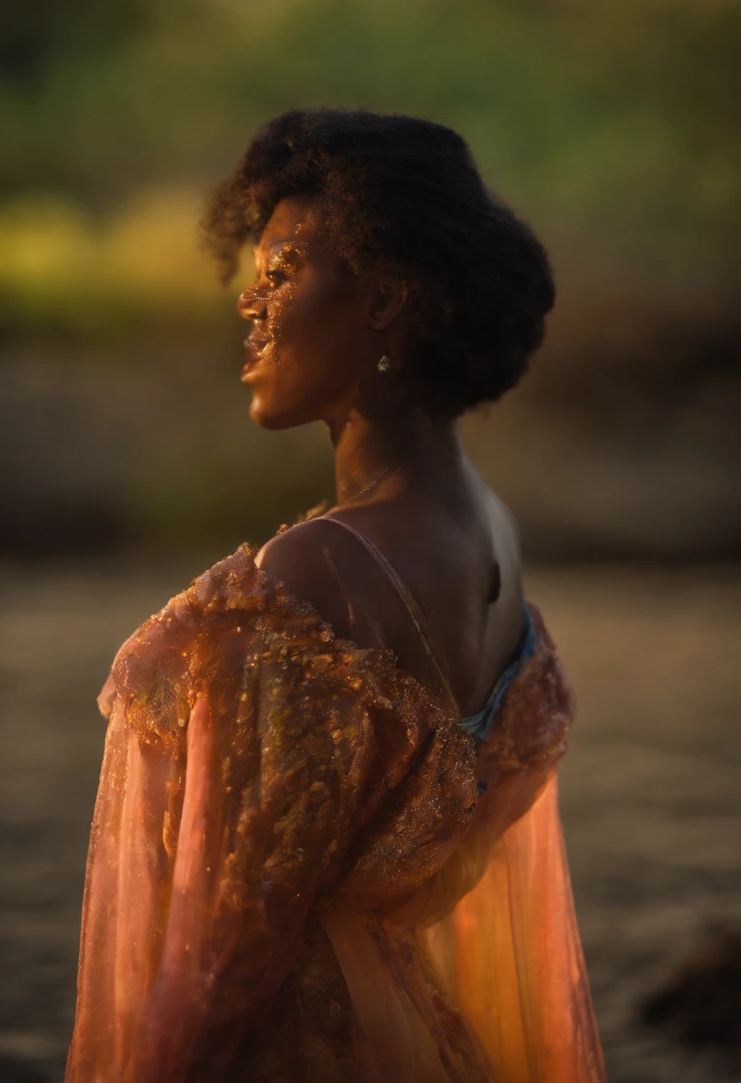 "Bioluminescent Serenity" -, vibrant, Colorful beautiful African female women, violet, green glow firefly, Edward Weston, kimono, Black ink flow, cinematic photo, beach, neon material, intricately detailed fluid bioluminescent algae, 35mm photograph, bokeh, professional, 4k, highly detailed, luminous, enchanting, natural beauty, poetic.