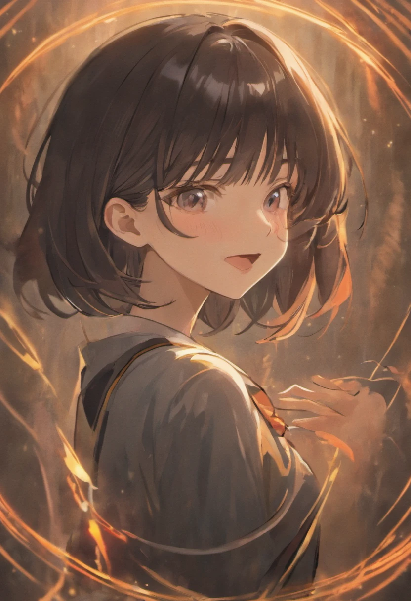 1 girl with black shoulder-length hair and bangs is laughing，It makes people feel very cheerful and energetic，flatchest，realistic illumination，top Quority，Resolution of 8K，tmasterpiece：1.3，Clear focus：1.2，1080p，hyper HD，textureskin，super detailing，best qualtiy，high detal，high high quality