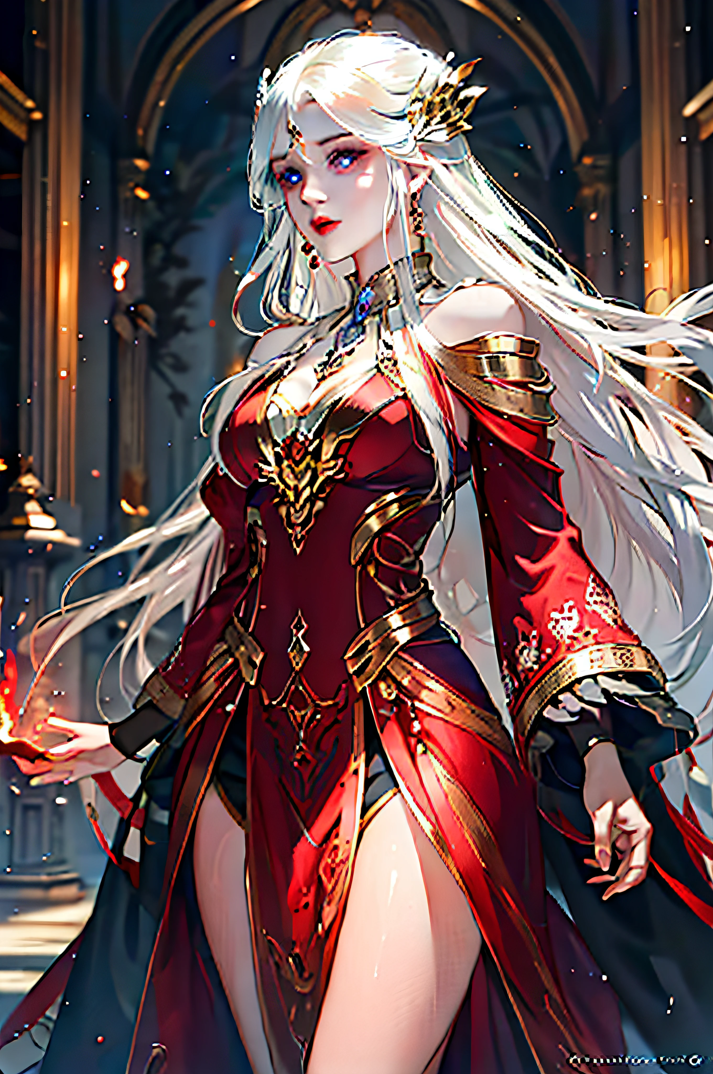 Two-dimensional image quality,Ancient wind,a matural female,White hair, Red and blue pupils,Long hair shawl,She wore a noble red and gold dress,Ice and fire surrounded her sides